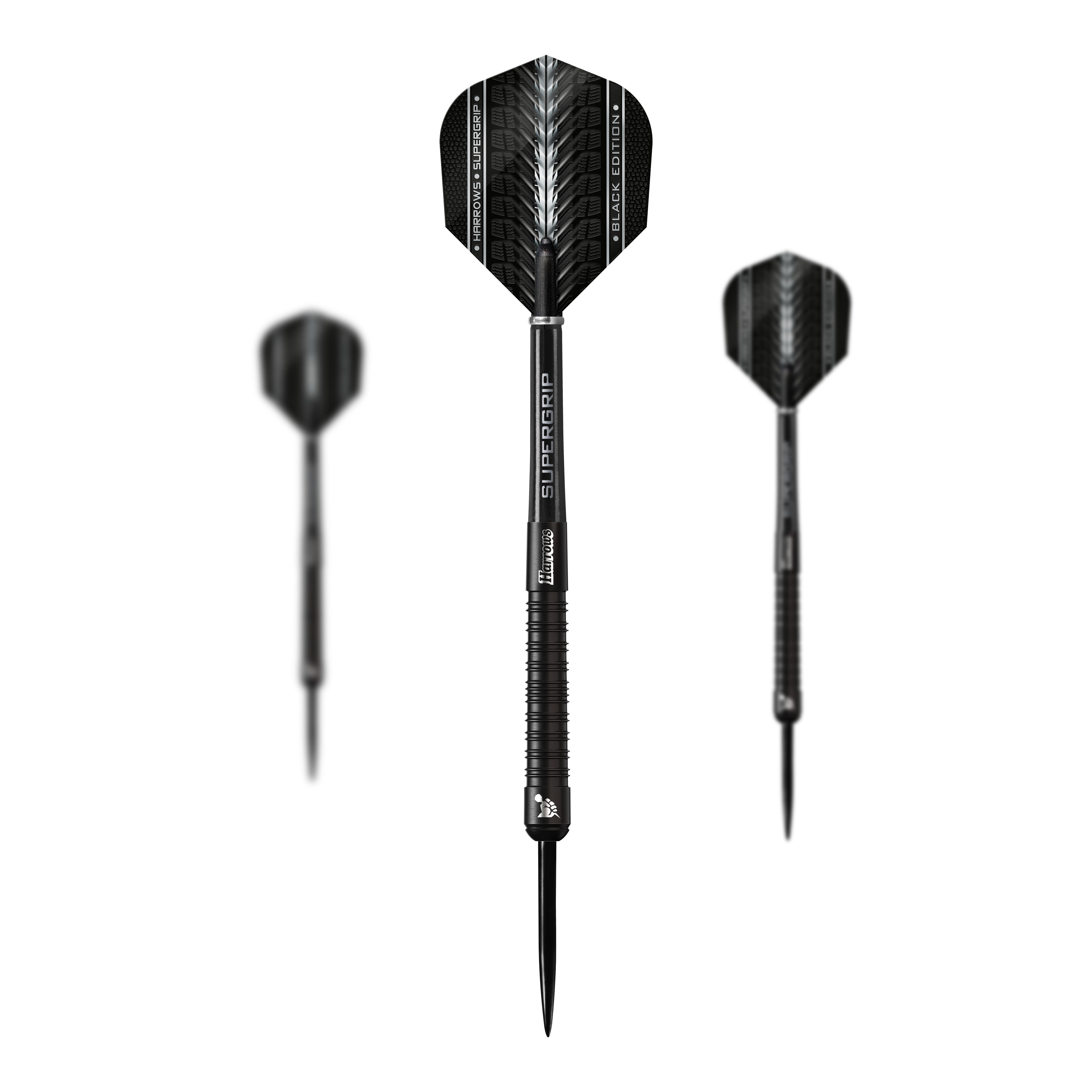 Harrows Supergrip Black Edition steel darts Das Bild zeigt drei schwarze Steeldarts der Marke Harrows Supergrip Black-Edition. Die Darts haben ein elegantes Design mit silbernen und schwarzen Akzenten.