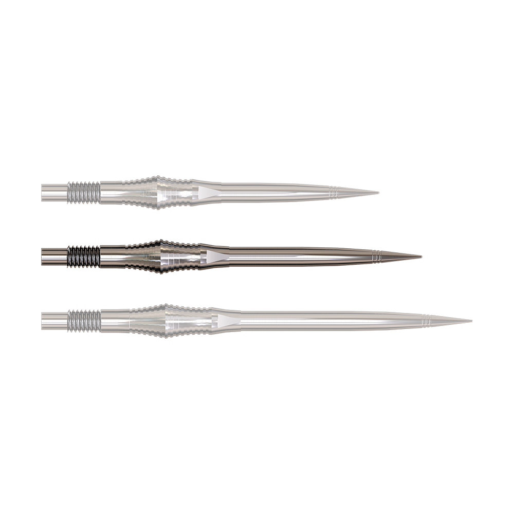 Dartspitzen der Spire Silver Elite Serie in 35mm Länge werden gezeigt. Die Spitzen sind metallisch und silber.