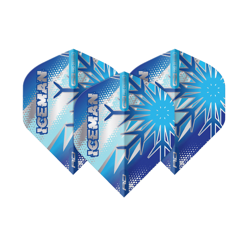 Das Bild zeigt drei blaue Dart-Flights mit Eiskristall-Muster und dem Schriftzug "ICEMAN". Die Flights sind das Produkt "Red Dragon Gerwyn Price Blue Flake No2 Standard Flights".