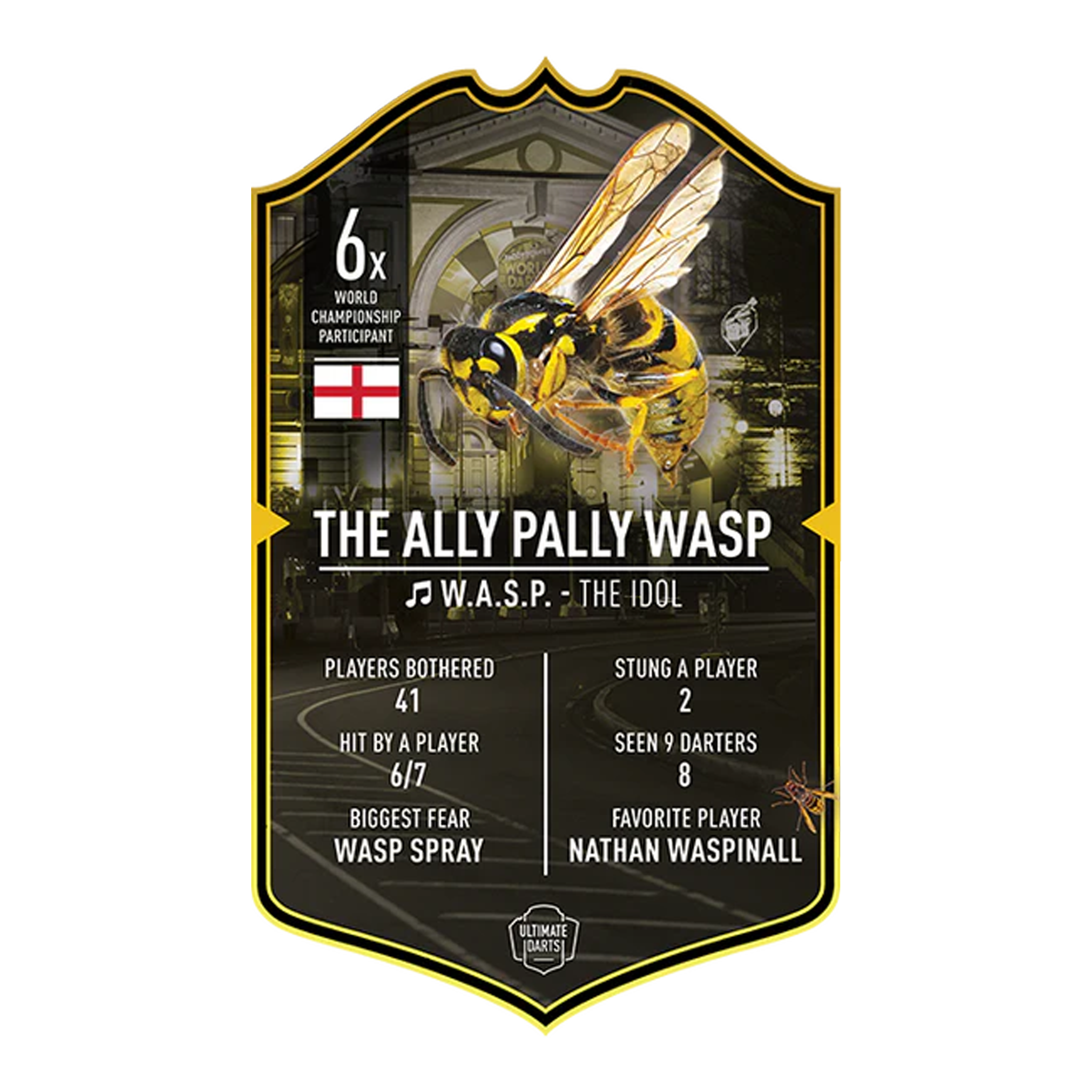 Ultimate Darts Card - The Ally Pally Wasp Ultimate Darts Card - The Ally Pally Wasp. Diese Karte präsentiert das Motiv The Ally Pally Wasp aus der Ultimate Darts Card Serie.