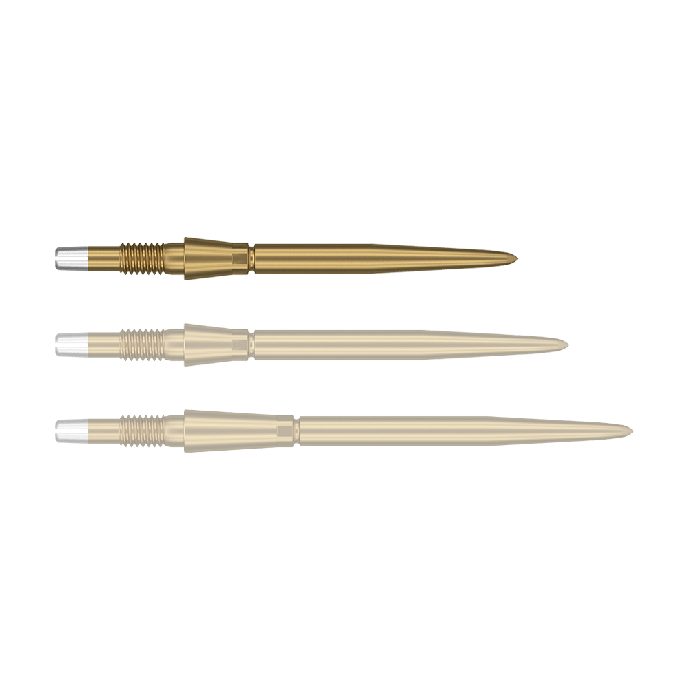 340057_Target_Swiss_Storm_Point_Dartspitzen_Gold_26mm_1 Das Bild zeigt drei goldfarbene Dartspitzen, die nebeneinander liegen. Sie haben eine schlanke Form und silberne Enden.
