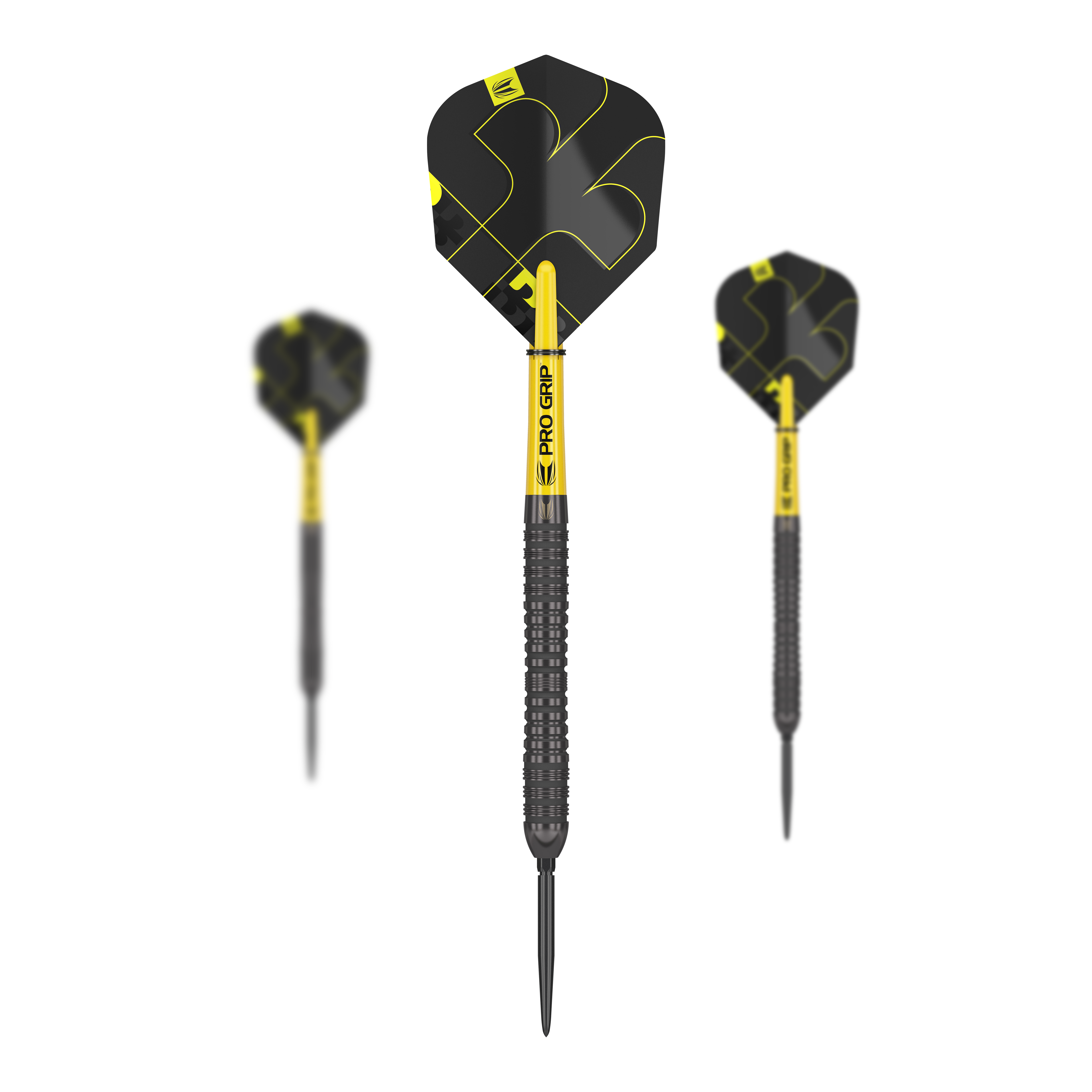 Target Bolide Void 04 Swiss Point steel darts Das Bild zeigt drei Steeldarts des Modells "Target Bolide Void 04 Swiss Point". Die Darts sind schwarz-gelb und haben ein modernes, markantes Design.