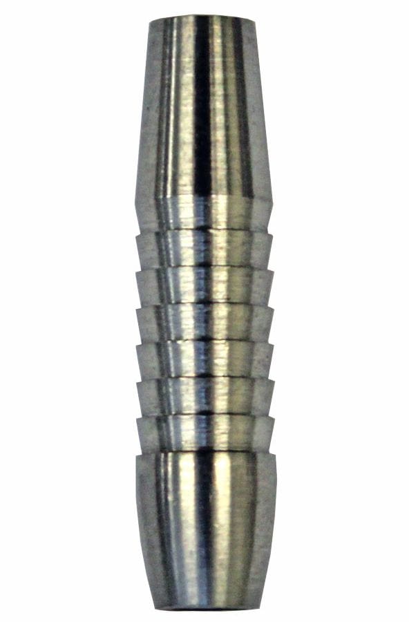 sht15200c2265a15f Das Bild zeigt den McDart Shark Tropfen Dartbarrel aus 80% Tungsten. Der Barrel ist silberfarben und hat mehrere ringförmige Rillen für besseren Halt.