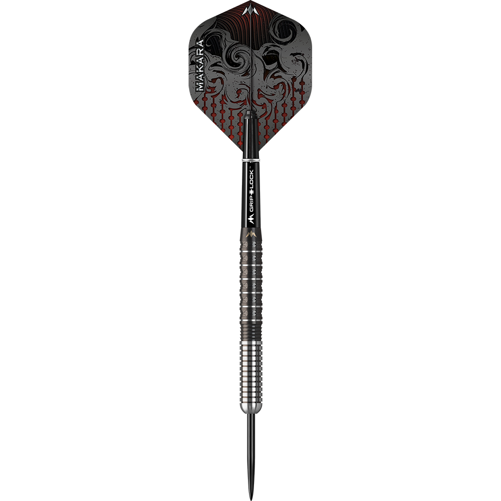 Mission Makara M1 Steeldarts Dies ist ein Steeldart des Modells "Mission Makara M1". Der Dart hat ein auffälliges Design mit schwarzen und roten Mustern auf dem Flight und einem silber-schwarzen Griff.