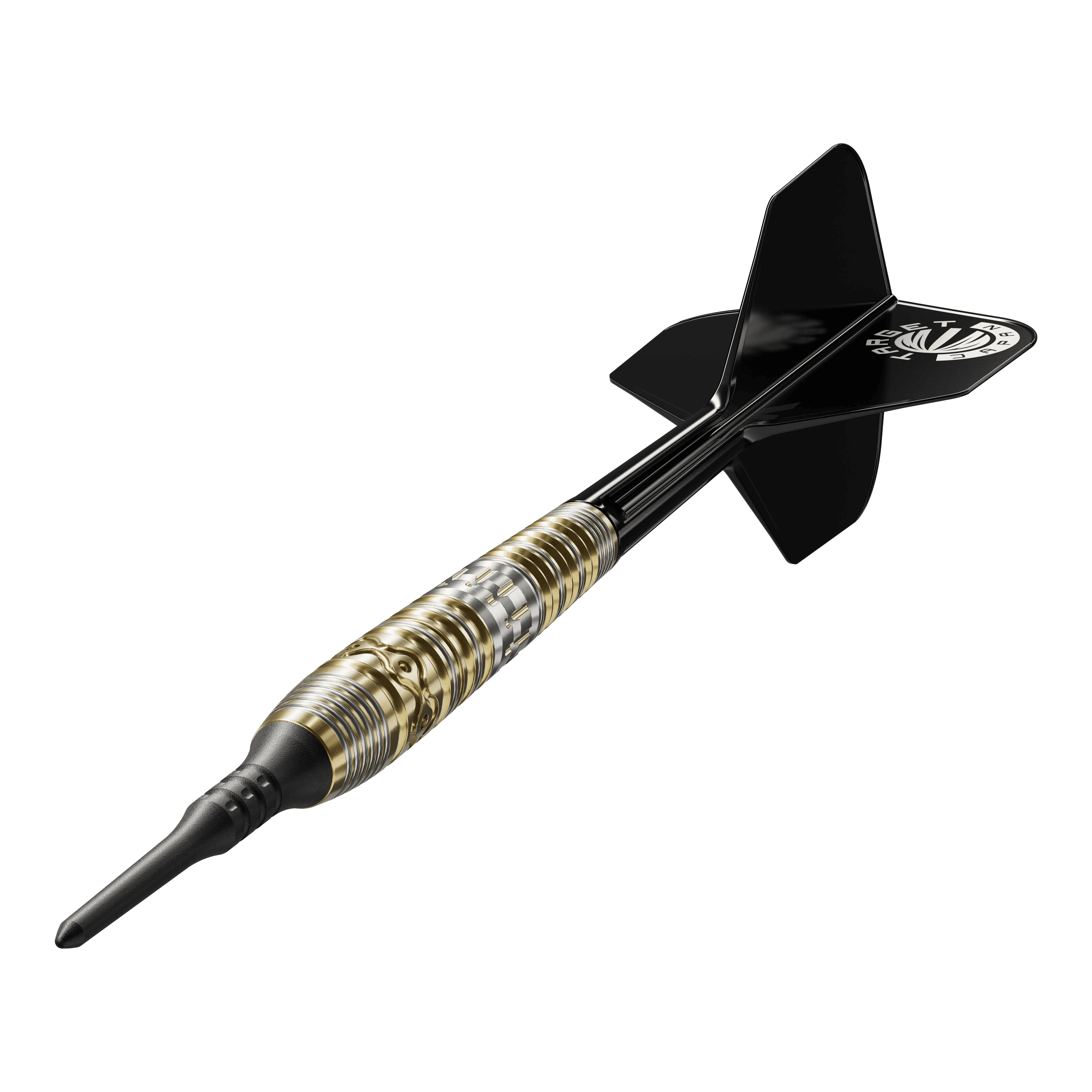 Target Japan Hot Shot GEN2 Soft Darts - 19g Das Bild zeigt einen Softdartpfeil namens "Target Japan Hot Shot GEN2 Softdarts - 19g". Der Dart hat ein schwarz-goldenes Design mit einer schwarzen Spitze und schwarzen Flights.