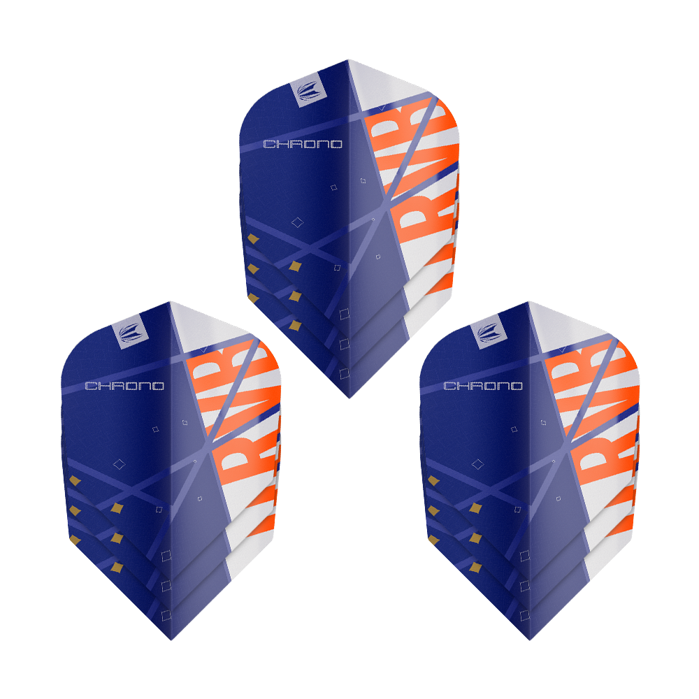 Target Pro Ultra Raymond Van Barneveld Chrono No6 Flights - 3 Sets Das Bild zeigt drei Sätze von Target Pro Ultra Raymond Van Barneveld Chrono No6 Flights für Darts. Die Flights sind hauptsächlich blau mit orange-weißen Akzenten und geometrischem Design.