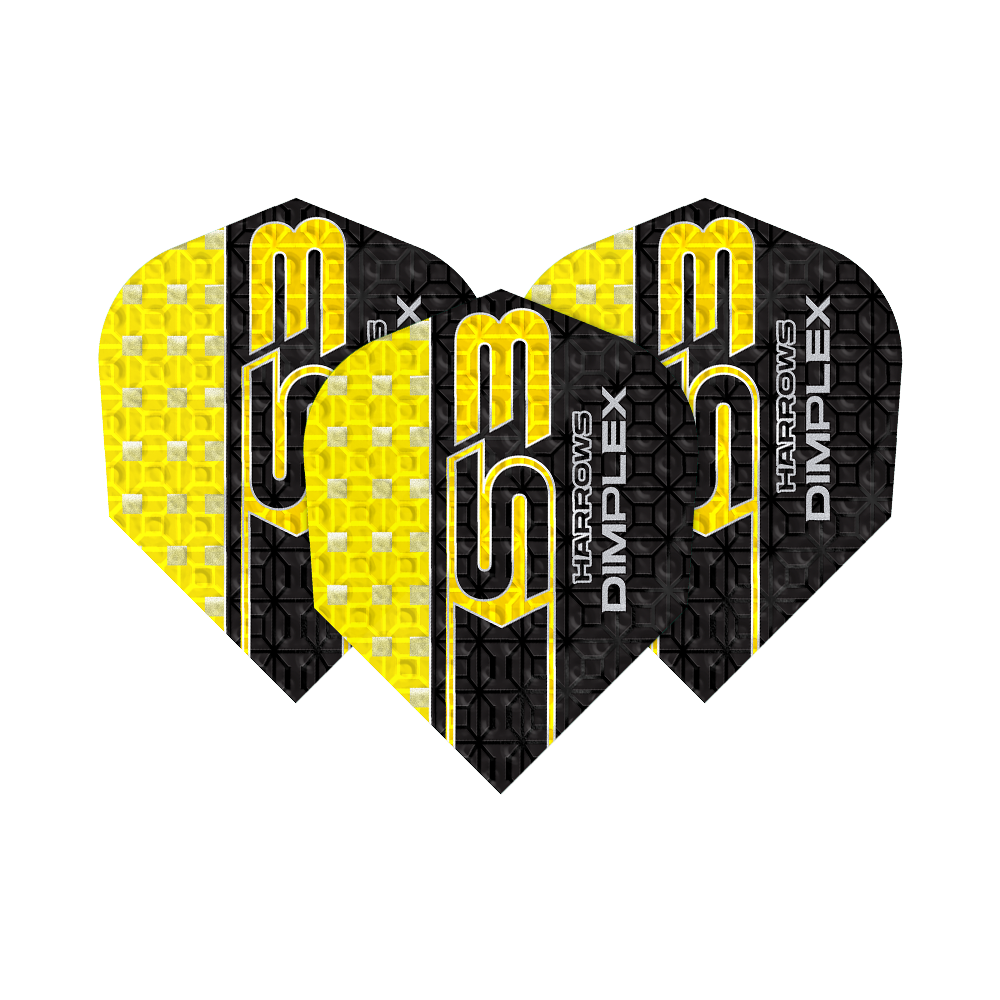 Harrows Dimplex S3 Flights - Yellow Das Bild zeigt drei gelbe und schwarze Dartflights des Modells "Harrows Dimplex S3". Auf den Flights steht der Schriftzug "S3 HARROWS DIMPLEX".