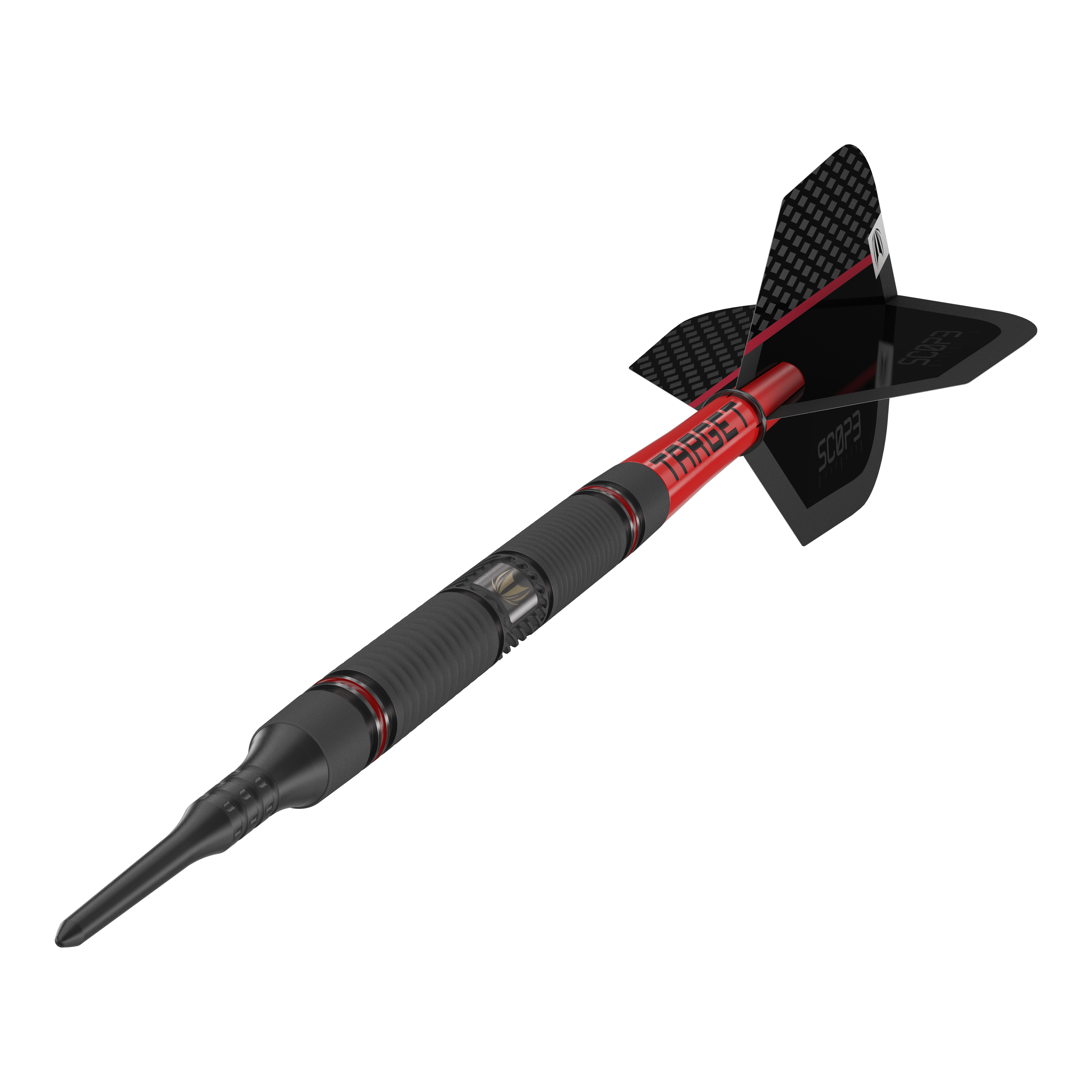 Target Scope 10 Soft Darts Das Bild zeigt einen modernen Softdart mit dem Namen "Target Scope 10 Softdarts". Der Dart ist schwarz und rot gestaltet und hat eine auffällige, strukturierte Oberfläche sowie eine schwarze Flight.