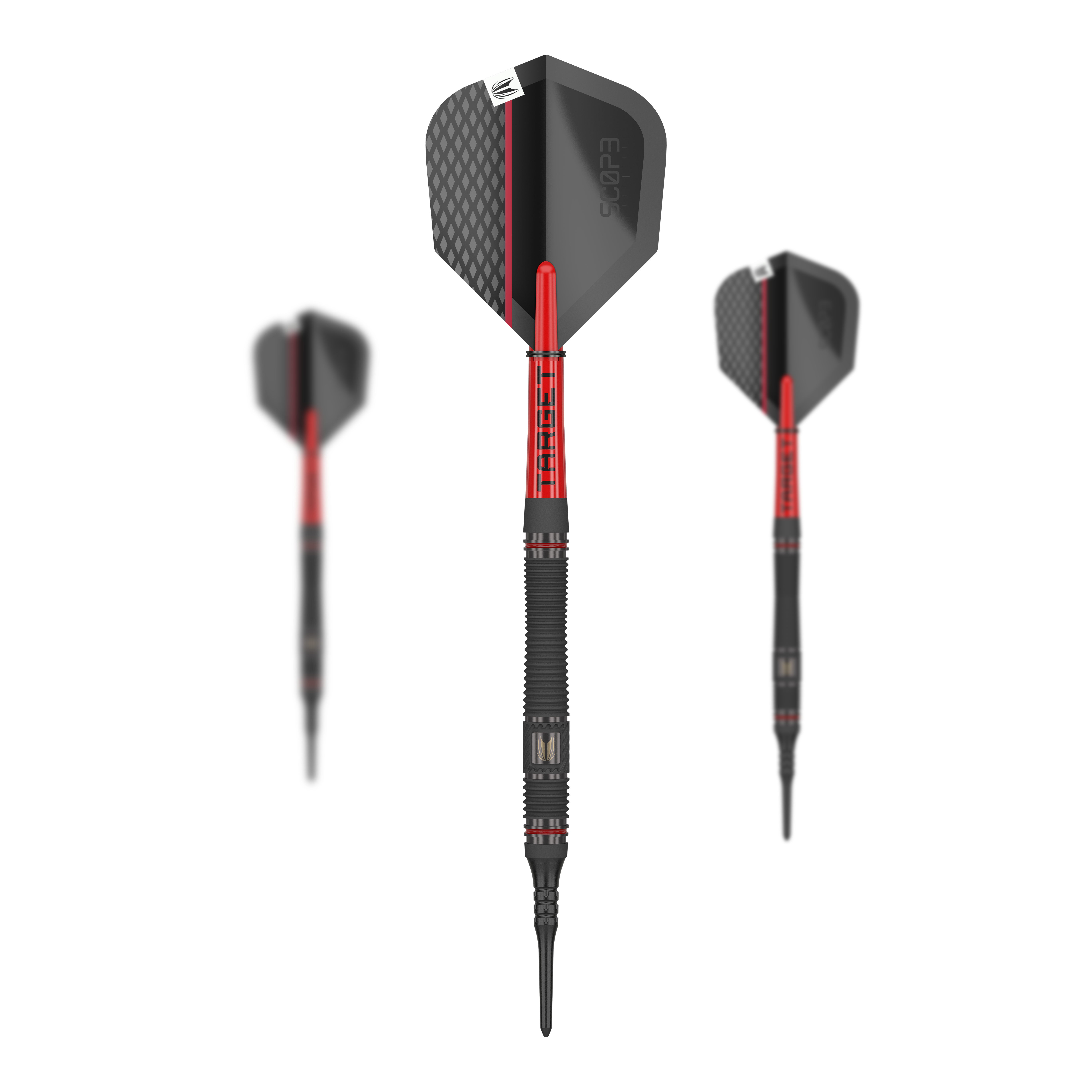 Target Scope 11 Soft Darts Das Bild zeigt drei Softdarts des Produkts „Target Scope 11“. Die Darts haben ein schwarzes und rotes Design mit strukturierten Flights.