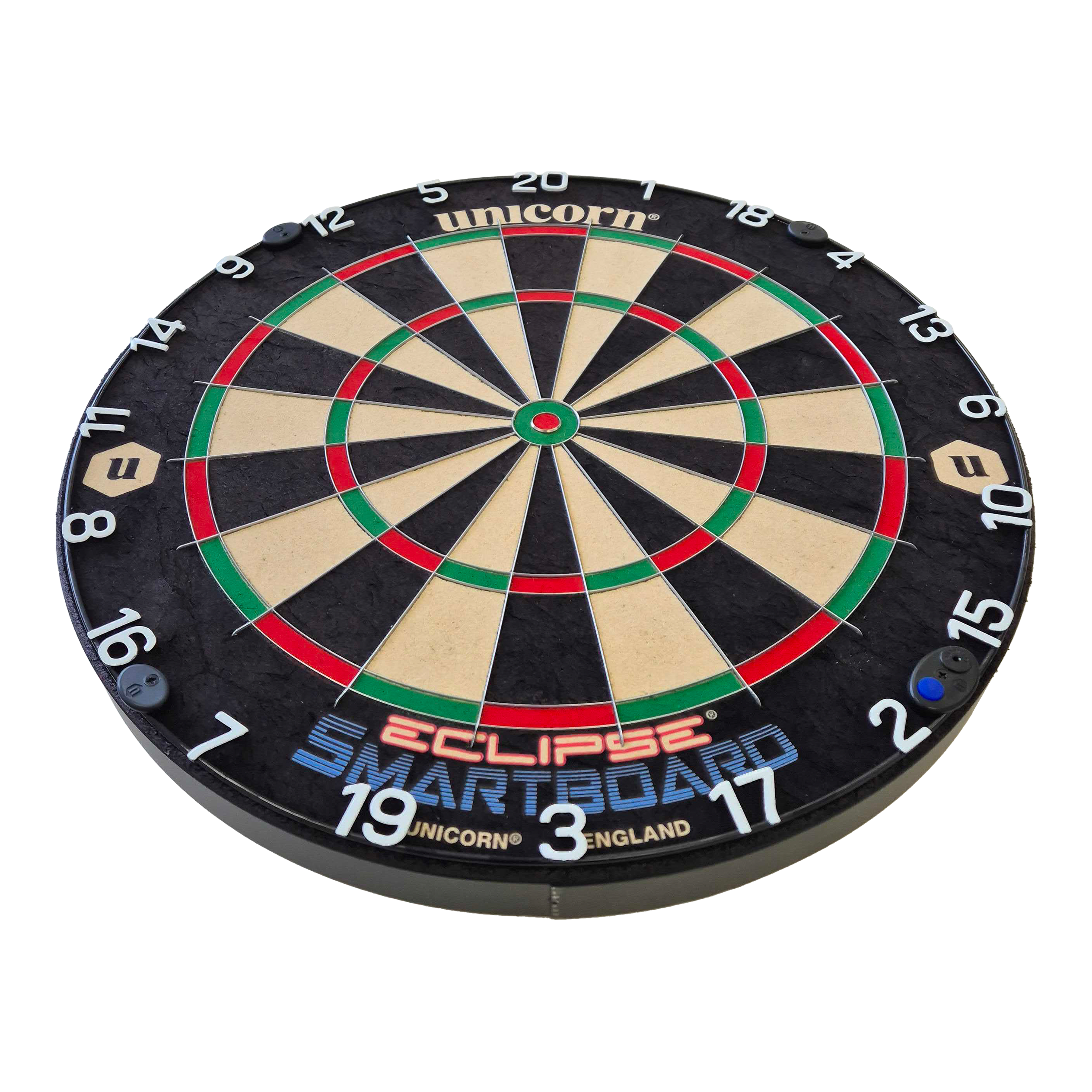 Das Bild zeigt das Produkt "Unicorn Eclipse Smartboard Steeldartboard". Es ist eine runde Dartscheibe mit farbigen Segmenten und weißen Zahlen am Rand.