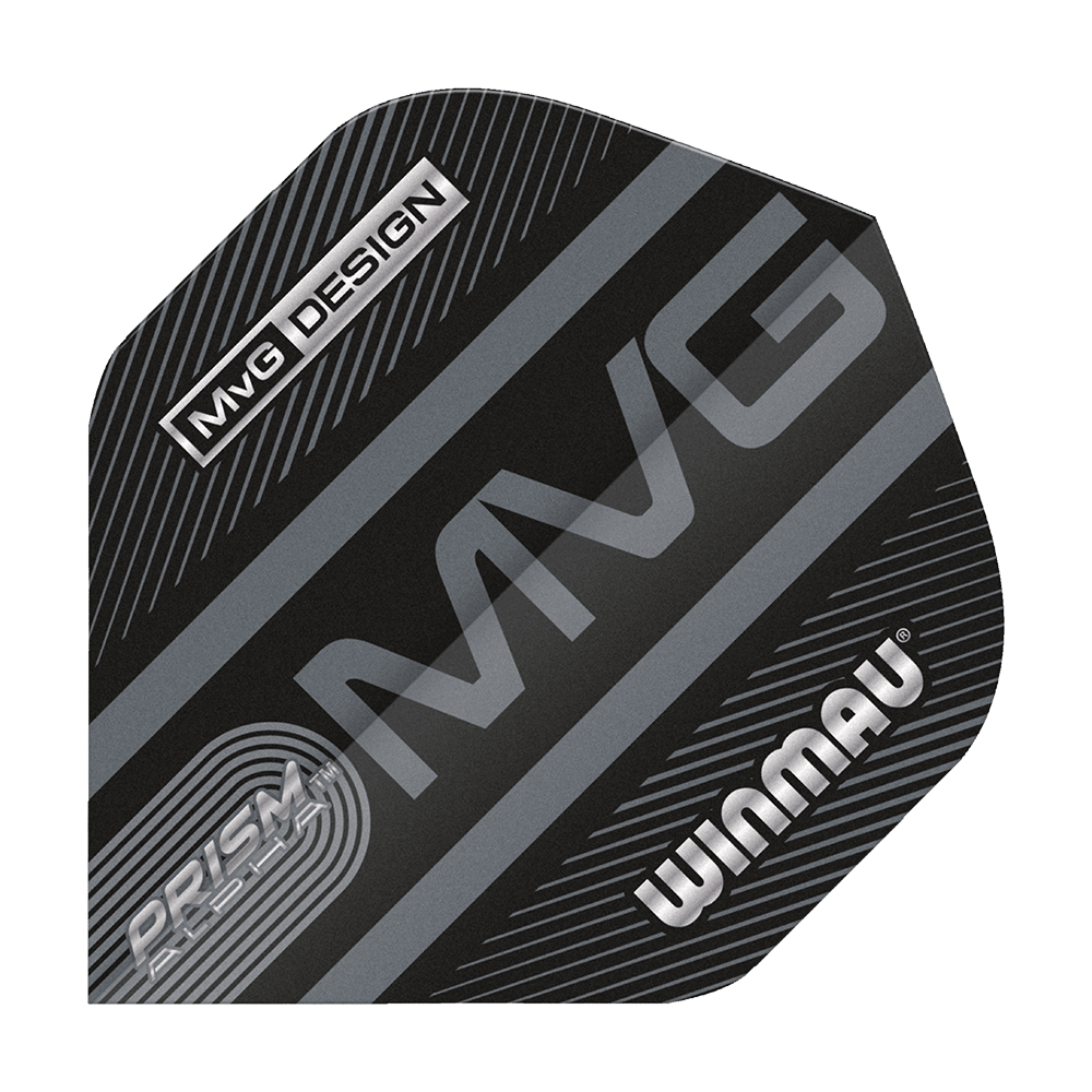 6915-187_Winmau_Prism_Alpha_MvG_Standard_Flights_1k6tx8xsfumvsc Das Bild zeigt ein schwarzes Dart-Flight mit silbernen Streifen und der Aufschrift „MvG“, „WINMAU“, „PRISM ALPHA“ und „MvG DESIGN“. Es handelt sich um das Produkt „Winmau Prism Alpha MvG Standard Flights“.