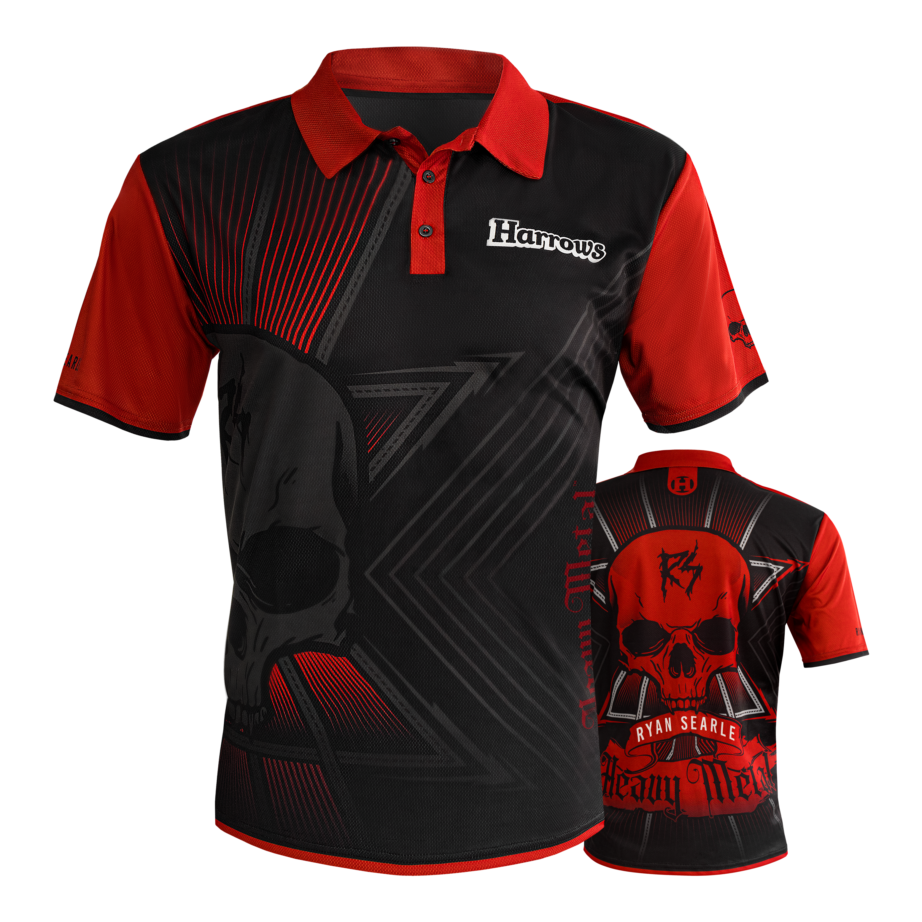Harrow's Ryan Searle Heavy Metal Darts Shirt Das Bild zeigt das "Harrows Ryan Searle Heavy Metal Dartshirt" in Schwarz und Rot mit auffälligem Totenkopf-Design. Auf der Vorderseite steht "Harrows" und auf der Rückseite sind die Schriftzüge "Ryan Searle" und "Heavy Metal" zu sehen.