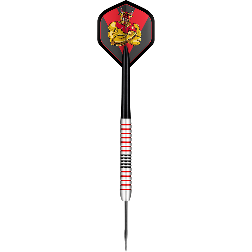 Shot Michael Smith Plated Brass Steeldarts - 24g Das Bild zeigt einen Steeldart mit dem Namen "Shot Michael Smith Plated Brass Steeldarts - 24g". Der Dart hat eine schwarz-rote Flight mit einem kräftigen, gelben Stiermotiv und einen messingfarbenen Schaft mit roten und schwarzen Ringen.
