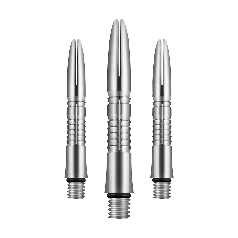 Shot Mako Titanium Shafts Auf dem Bild sind drei silberne Dartschäfte aus Titan zu sehen. Sie haben ein gerilltes Design und ein Schraubgewinde am unteren Ende.