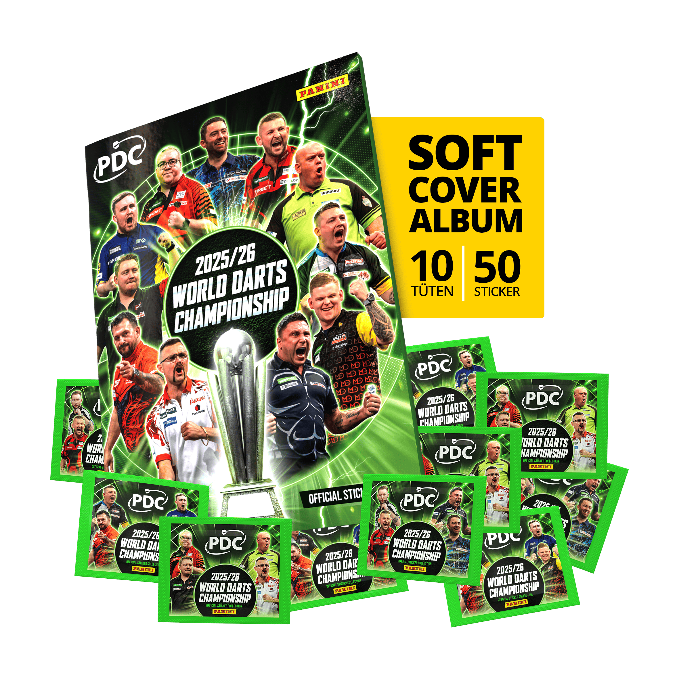 Abgebildet ist das Panini PDC World Darts Championship 2025/26 - Softcover Starter Bundle mit 10 Sticker Packs. Das Starter-Bundle eignet sich ideal für Einsteiger und Darts-Fans.