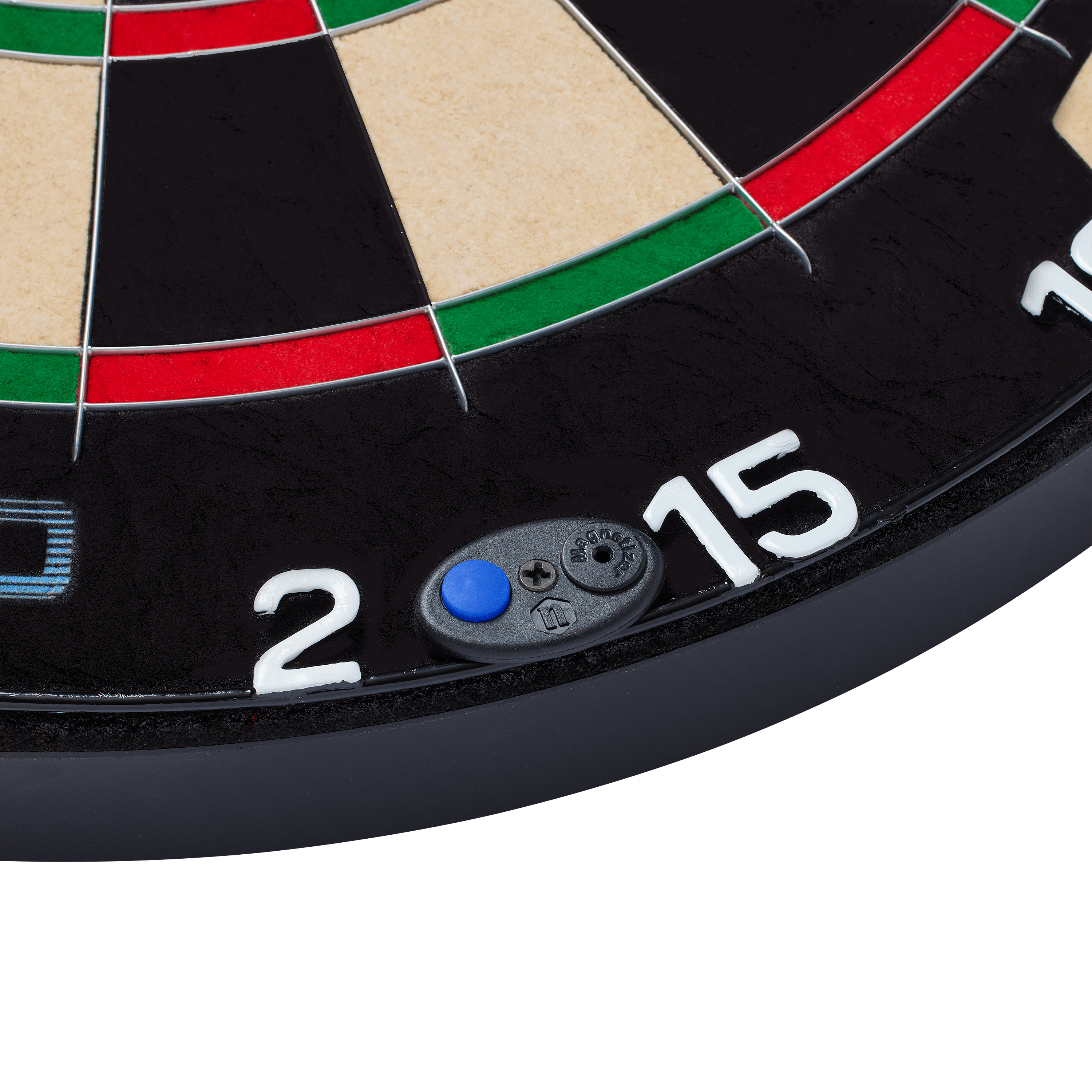Unicorn Eclipse Smartboard steel dartboard Das Bild zeigt einen Ausschnitt eines Steeldartboards mit den Zahlen 2 und 15. Es handelt sich um das Produkt "Unicorn Eclipse Smartboard", das auch einen kleinen blauen Knopf am Rand besitzt.