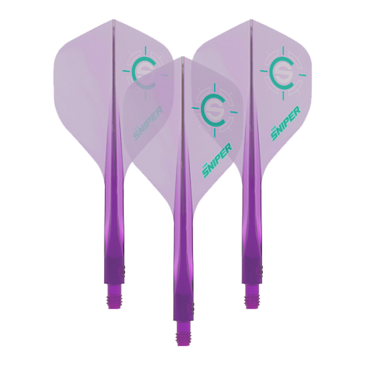 Condor Ax 120 Connor Scutt Sniper Clear Purple Flight System - Standard Das Bild zeigt drei lilafarbene Dart-Flights des Modells „Condor Axe 120 Connor Scutt Sniper Clear Purple“. Auf den Flights ist ein grünes Ziel-Logo sowie das Wort „Sniper“ zu sehen.