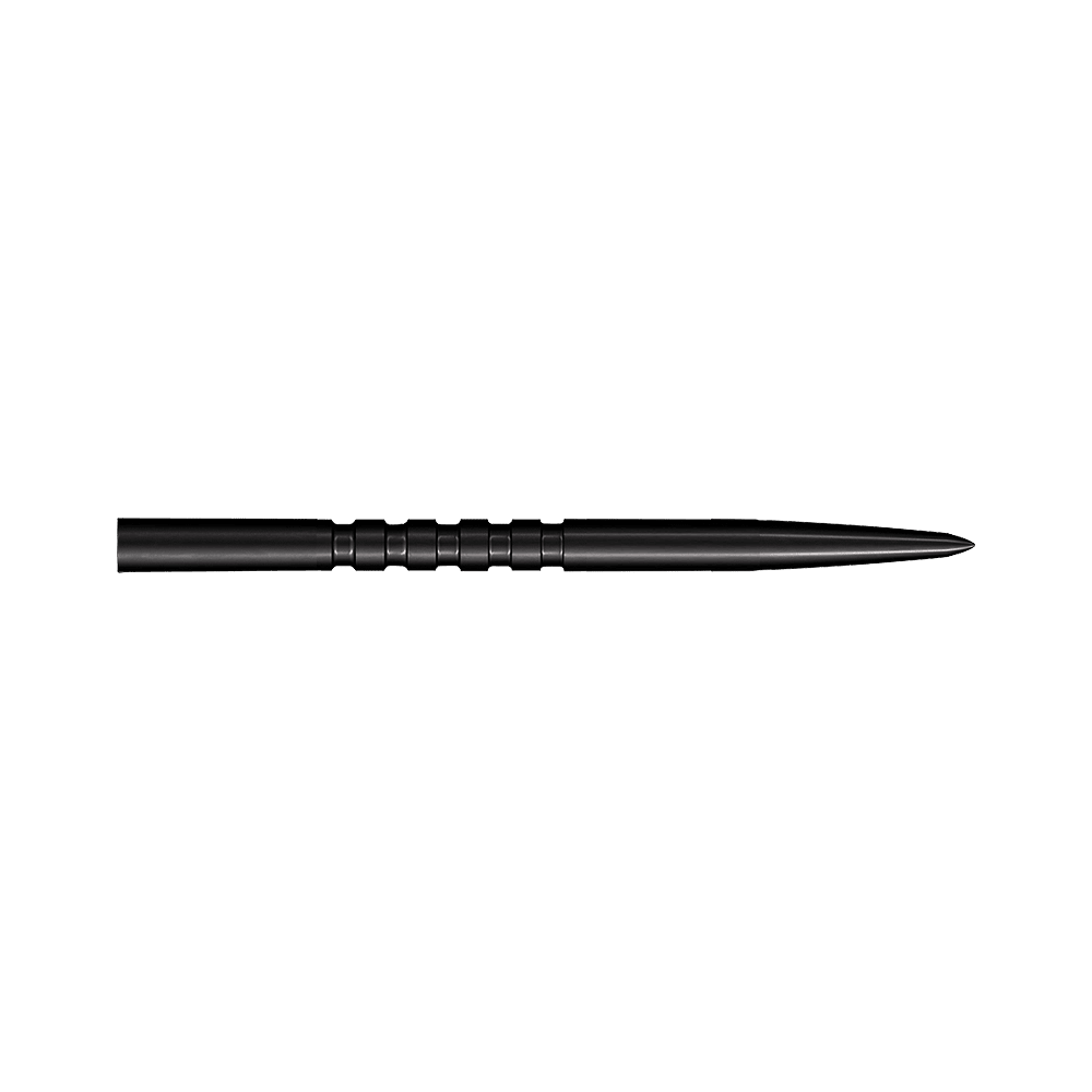 Shot Grip Point steel dart tips - Black Auf dem Bild ist eine schwarze Stahl-Dartspitze mit Rillen in der Mitte zu sehen. Sie ist lang und hat eine spitze Form.