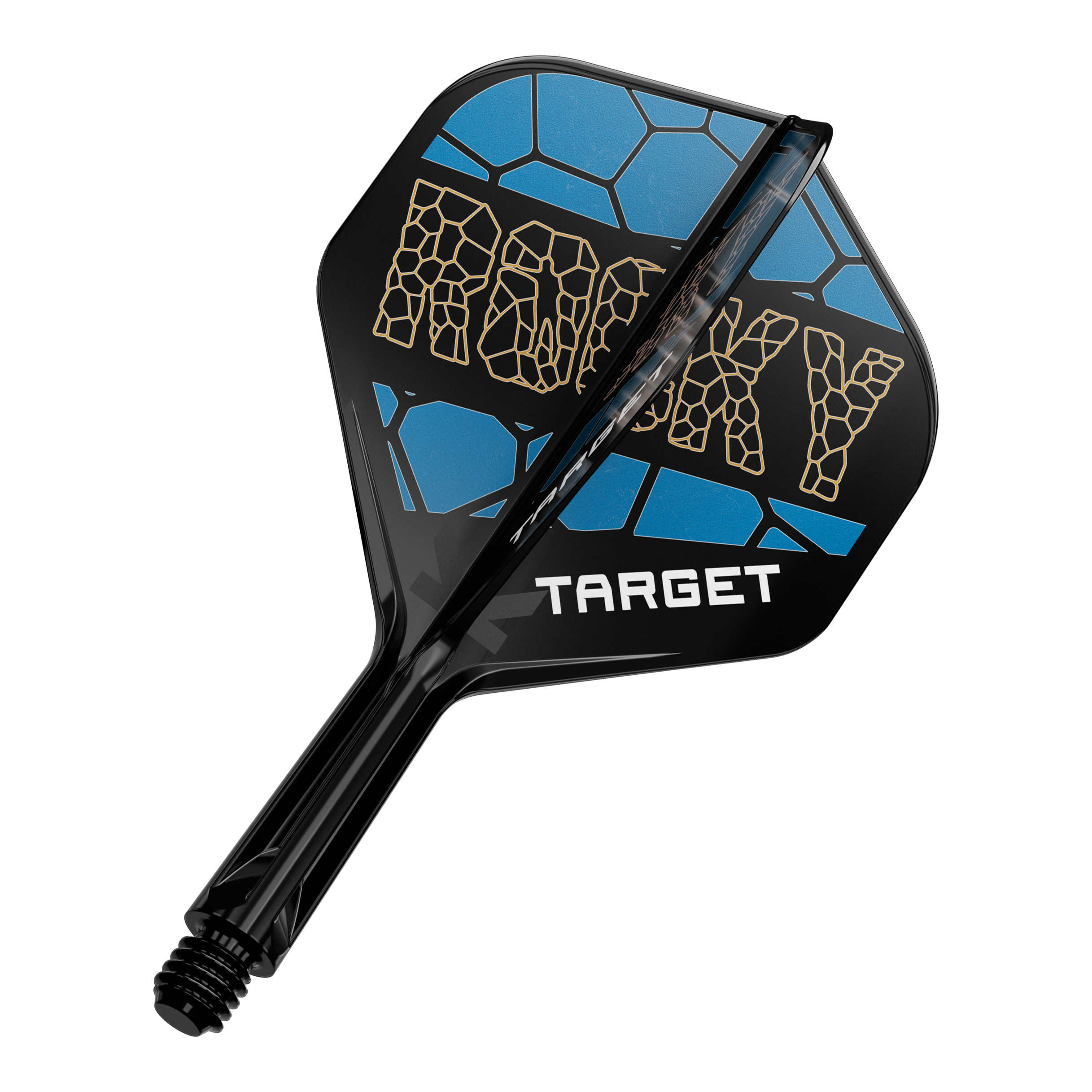 Target K-Flex Josh Rock No2 Standard Flight Shaft System Auf dem Bild ist ein Dart-Flight-System mit der Aufschrift „ROCKY“ in gelber Schrift zu sehen. Das Design ist schwarz und blau und darunter steht das Wort „TARGET“.