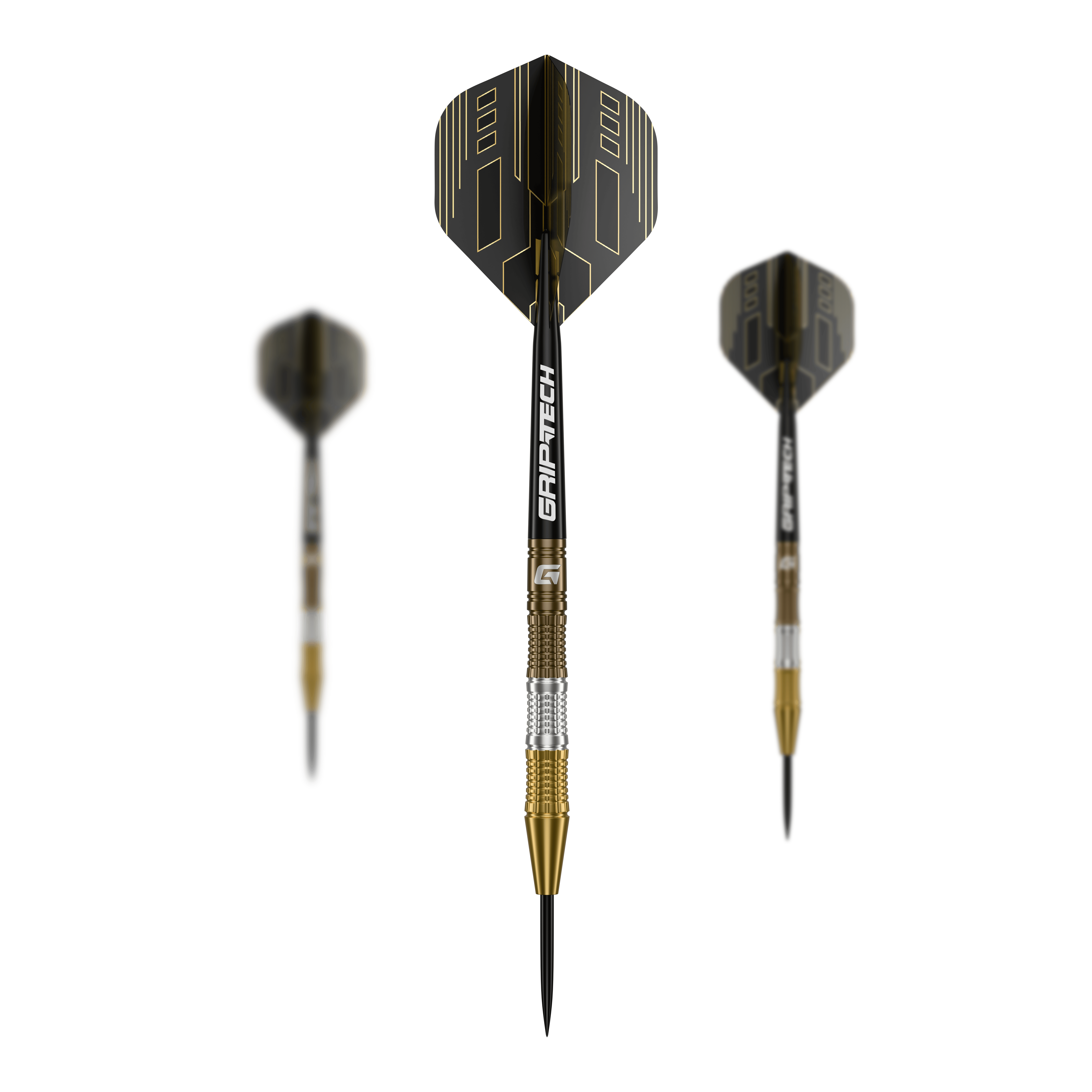 GOAT Ceremony Tungsten Steel Darts Das Bild zeigt drei "GOAT Ceremony Tungsten Steeldarts" mit schwarzen und goldenen Elementen. Der mittlere Dart ist im Fokus und zeigt den Schriftzug "GRIP-TECH" auf dem Schaft.