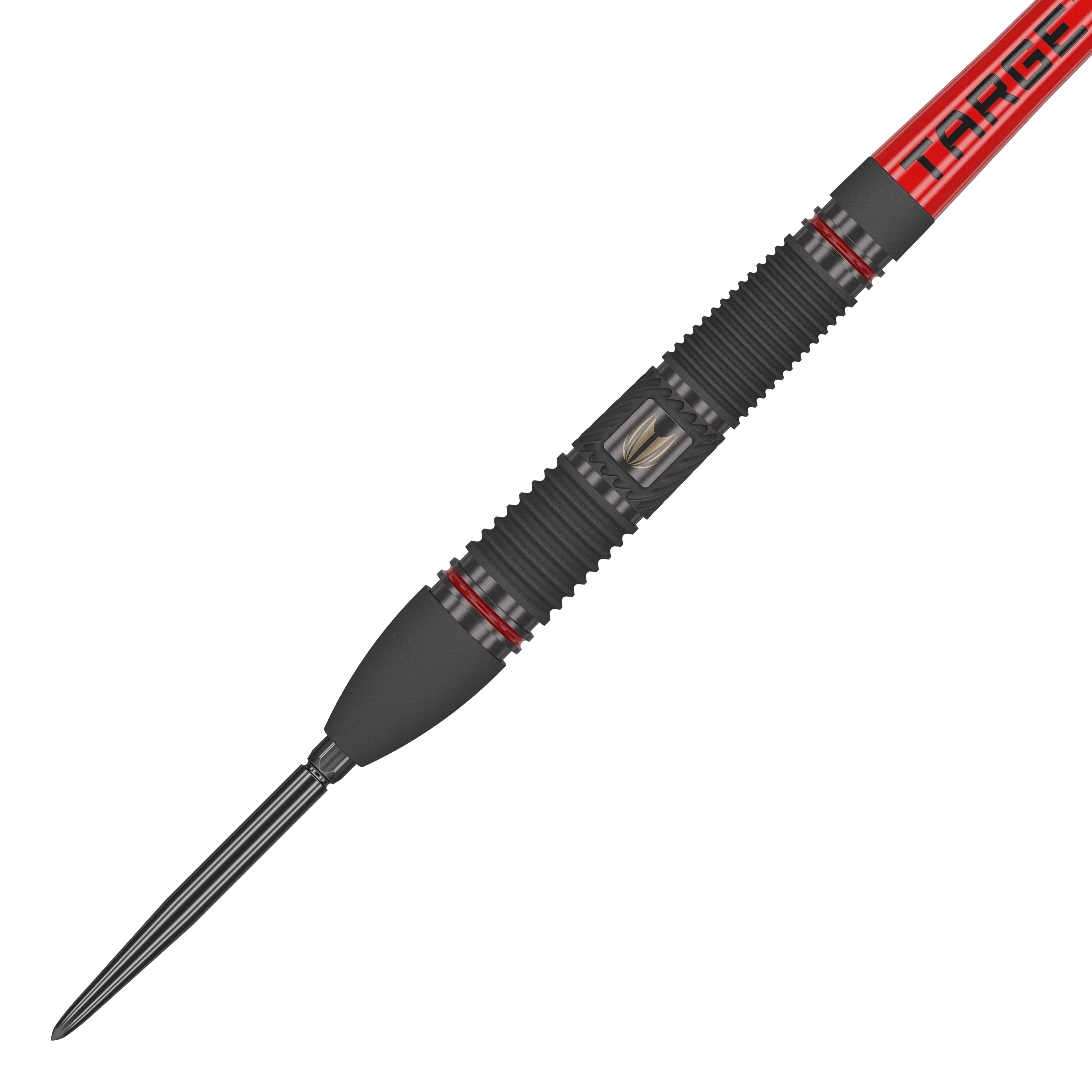 Target Scope 02 Swiss Point steel darts Das Bild zeigt einen Target Scope 02 Swiss Point Steeldart mit einem schwarzen und roten Design. Der Dartpfeil hat eine gerillte Griffzone und eine scharfe Metallspitze.