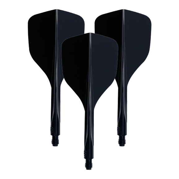 Condor Ax 120 Flight System Black - Small Das Bild zeigt drei schwarze Dart-Flights mit integriertem Schaft. Es handelt sich um das Produkt "Condor Axe 120 Flight-System Schwarz - Small".
