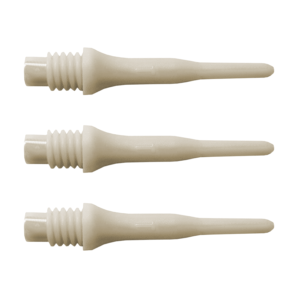 896_Bulls_Tefo_X_Softdart-Spitzen_100erPack_Weiss_12LOIF0TyEcmuU Das Bild zeigt drei helle Kunststoffspitzen mit Gewinde. Es handelt sich um Bulls Tefo X Spitzen, die als Ersatzteile für Softdarts verwendet werden.