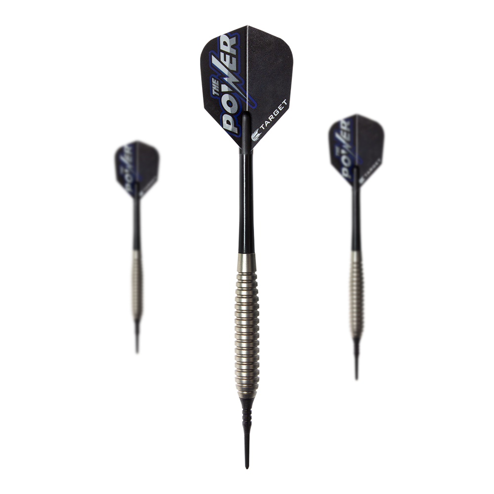Target Phil Taylor Power Silverlight soft darts Das Bild zeigt drei Softdarts des Modells "Target Phil Taylor Power Silverlight". Die Darts haben silberne Griffe und schwarze Flights mit der Aufschrift "The Power".