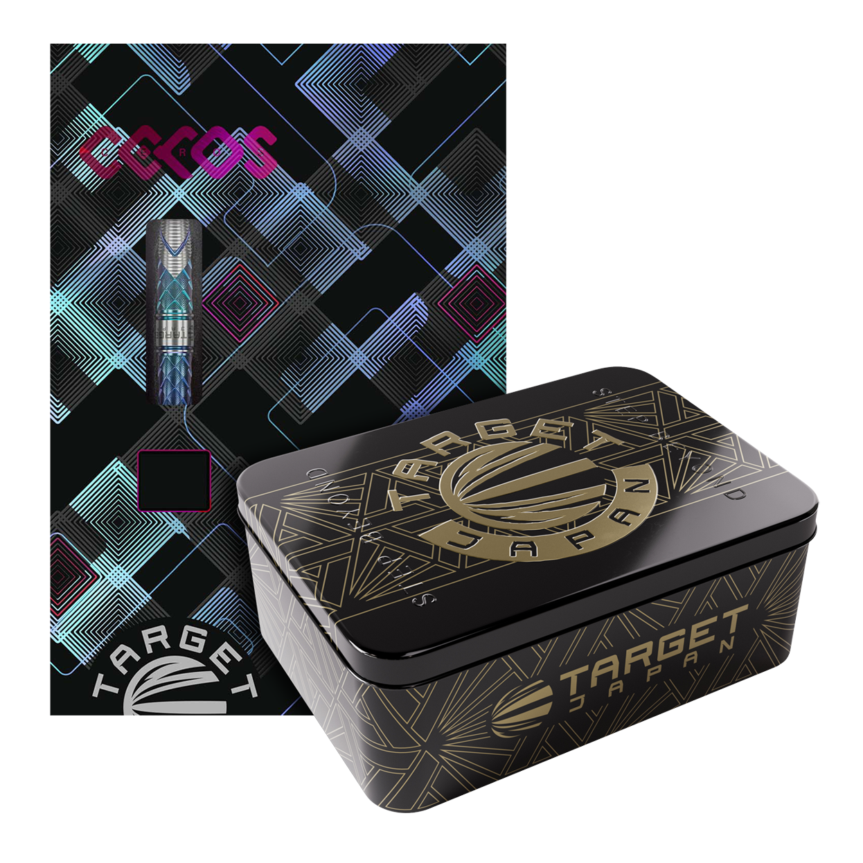 Target Japan Kaze Series Ceros 03 Soft Darts - 19g Das Bild zeigt die "Target Japan Kaze Series Ceros 03 Softdarts - 19g" in einer dekorativen Verpackung. Neben der bunten Kartonverpackung steht eine elegante schwarze Metallbox mit goldenen Verzierungen.