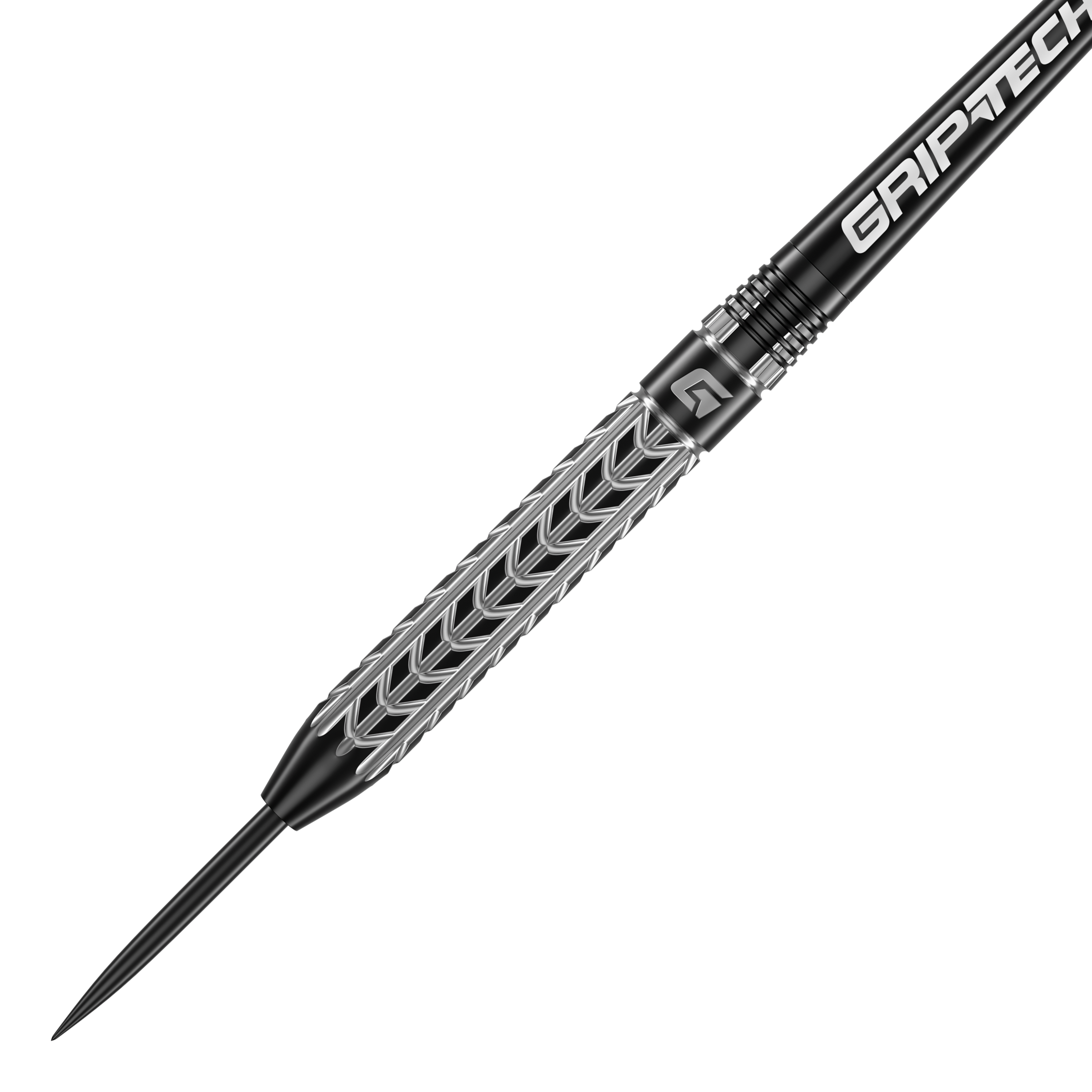 GOAT Traction Tungsten Steel Darts Das Bild zeigt einen GOAT Traction Tungsten Steeldart mit einem silbernen, strukturierten Griffbereich. Auf dem Schaft steht in weißer Schrift "GRIPTECH".
