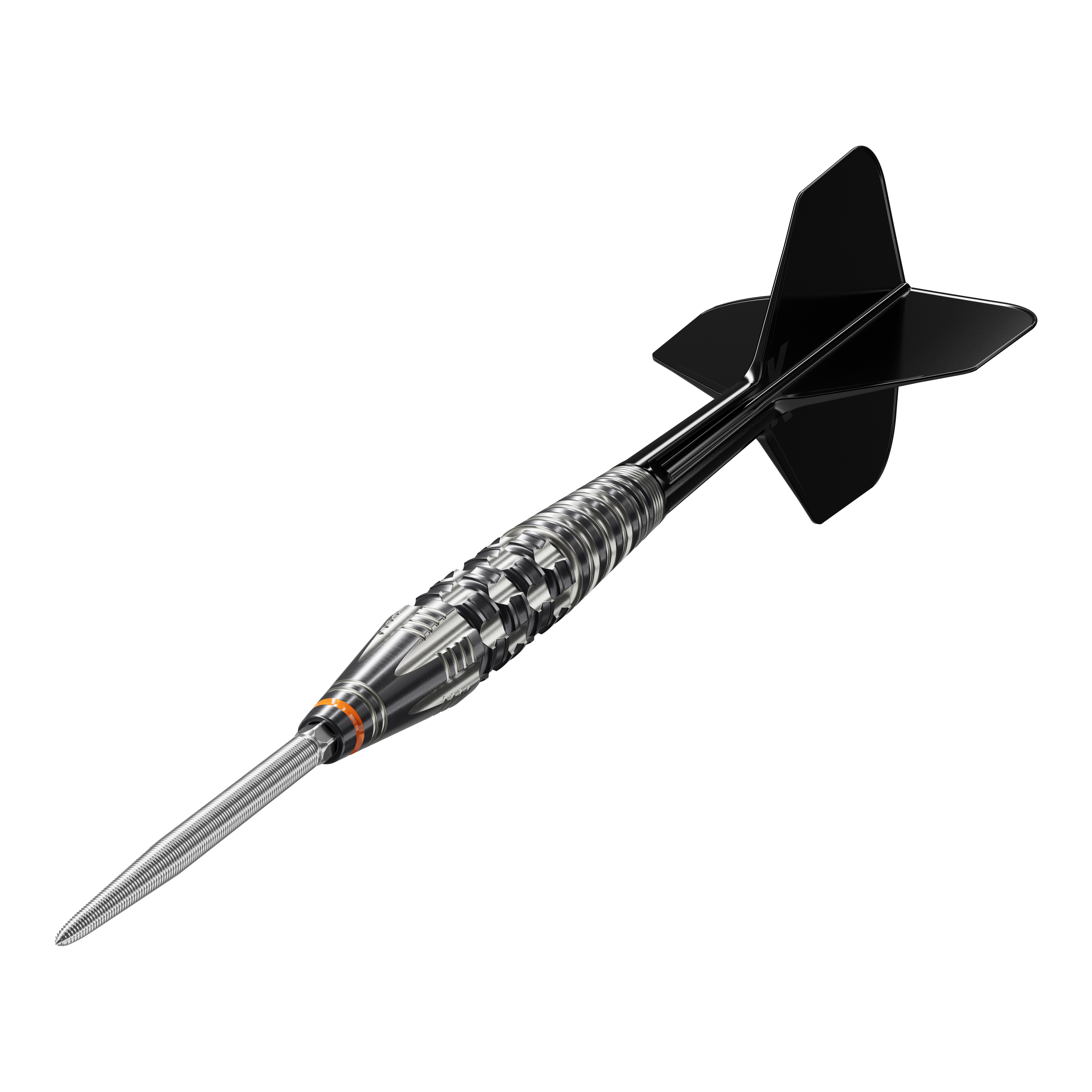 Das Bild zeigt einen stilvollen Softdart mit schwarzem Flight und silbernem Barrel. Es handelt sich um das Produkt "Target Japan Black Marque Dancing Duck GEN 4 Softdarts - 17g".