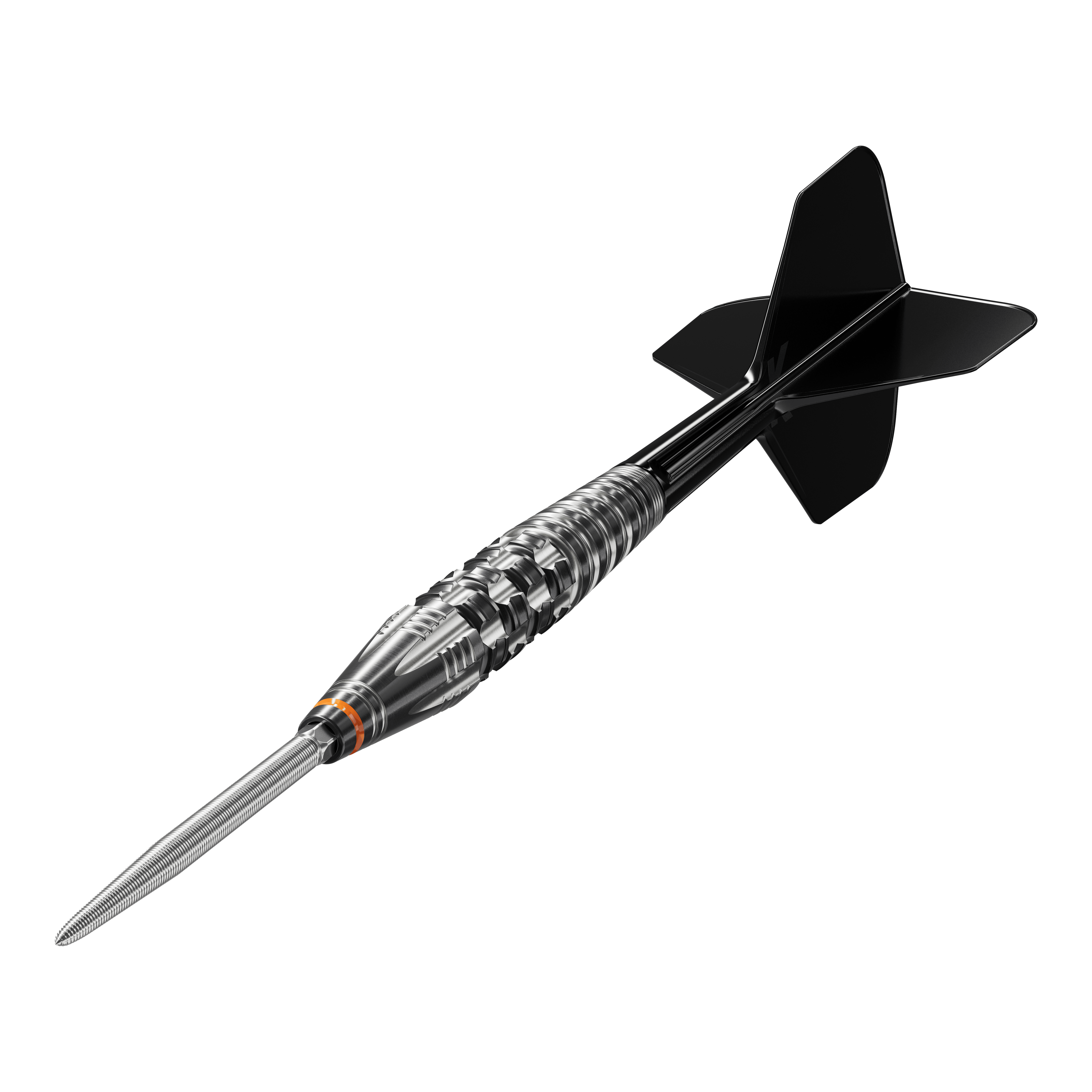 Target Japan Black Marque Dancing Duck GEN 4 Soft Darts - 17g Das Bild zeigt einen stilvollen Softdart mit schwarzem Flight und silbernem Barrel. Es handelt sich um das Produkt "Target Japan Black Marque Dancing Duck GEN 4 Softdarts - 17g".