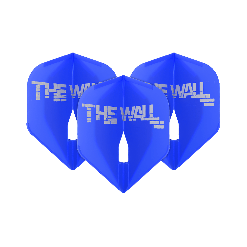 Das Bild zeigt drei blaue Dartflights mit der Aufschrift "THE WALL". Es handelt sich um das Produkt 'L-Style Martin Schindler Blau L1PRO Flights'.