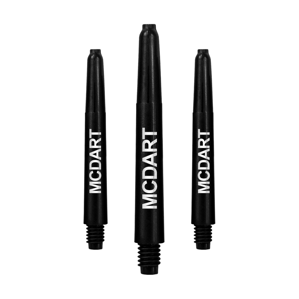 MD-610_Nylon_Shafts_mit_Wunschdruck_Schwarz_40mm_1 Auf dem Bild sind drei schwarze Dartschäfte aus Nylon zu sehen. Auf jedem Schaft steht in weißer Schrift das Wort "MCDART".