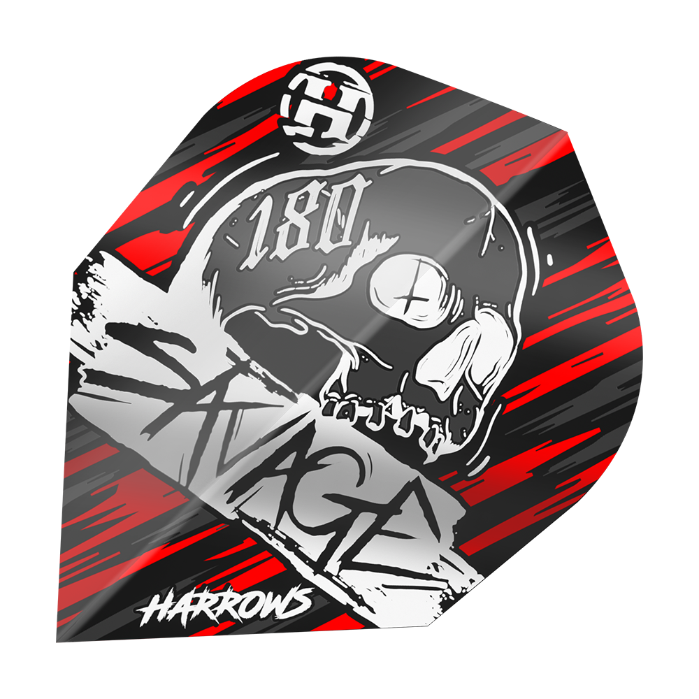 Harrow's Savage Red Silver No6 Flights Das Bild zeigt ein Dartflight mit einem Totenkopf-Design und der Aufschrift "SAVAGE" sowie "180". Die Farben sind hauptsächlich rot, schwarz und silber, und unten steht das Logo "Harrows".