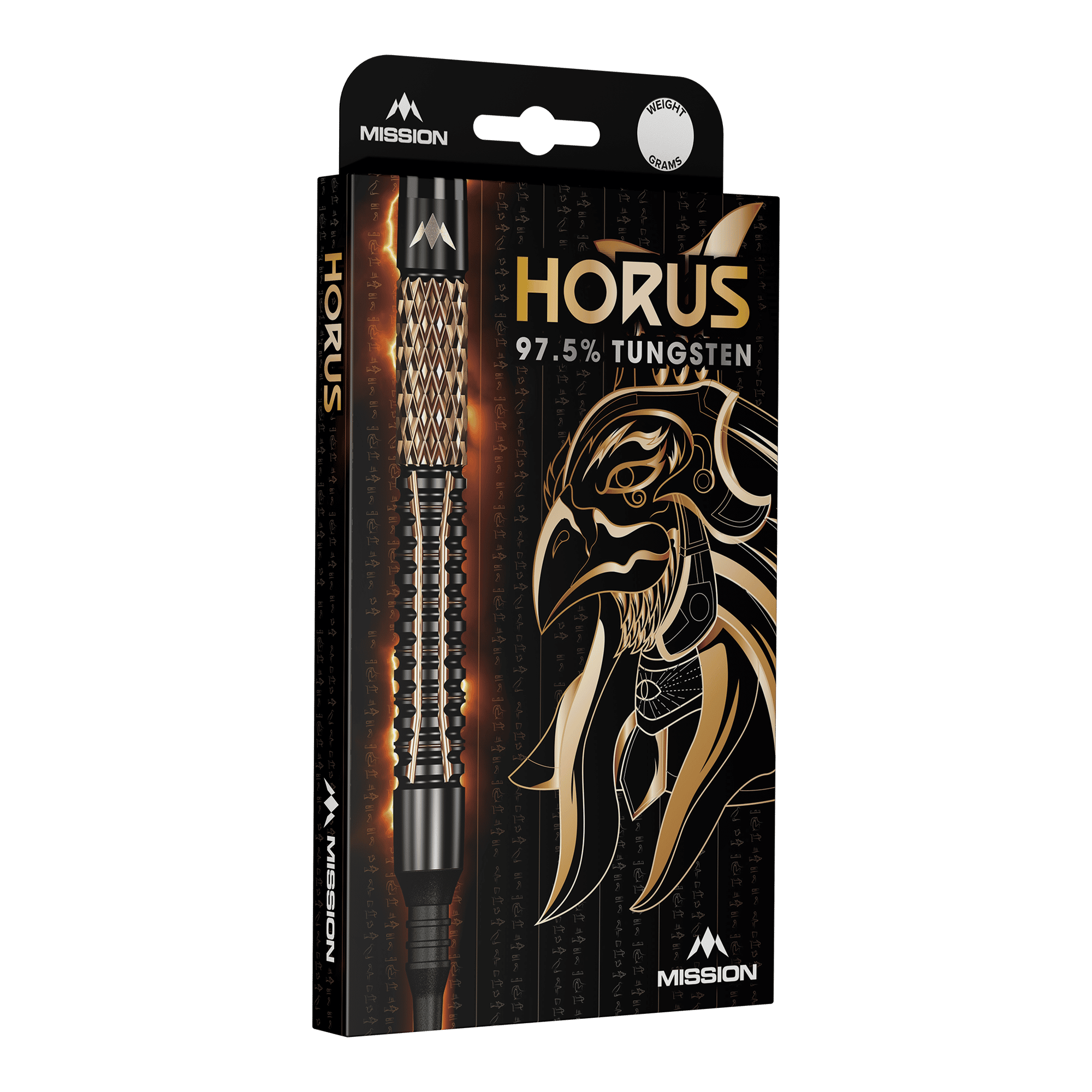 Mission Horus Softdarts - 19g Die Abbildung zeigt die Verpackung der "Mission Horus Softdarts - 19g". Auf der Vorderseite sind der Dartpfeil, der Produktname und ein goldener Horus-Kopf abgebildet.