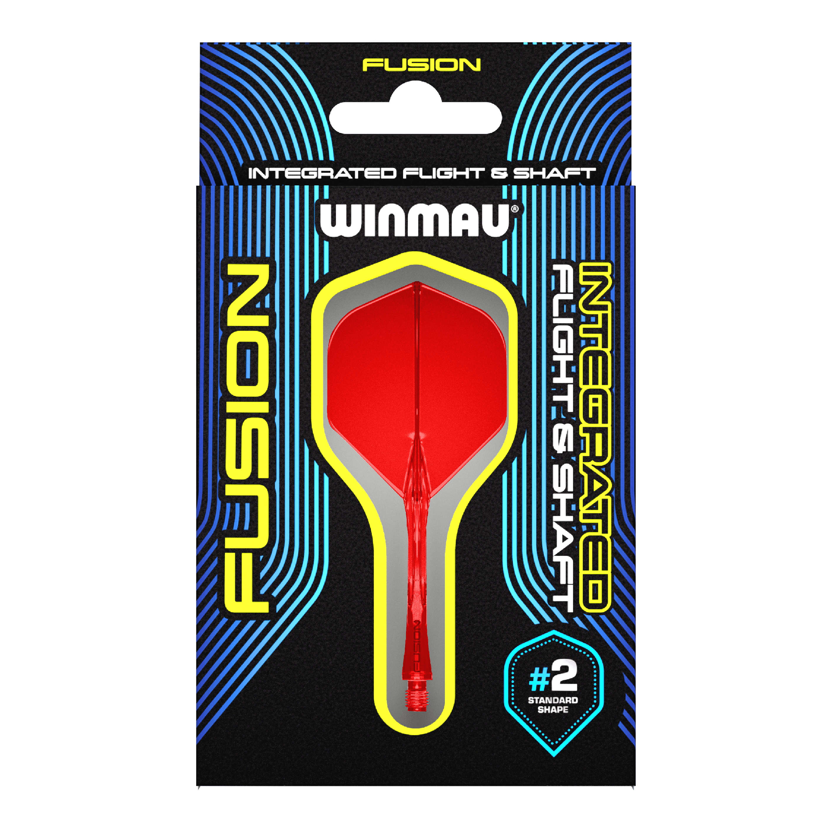Winmau Fusion Flight Shaft System Standard Red Das Bild zeigt eine Verpackung für das Winmau Fusion Integrated Flight & Shaft System in Rot. Im Mittelpunkt ist ein integrierter Dart-Flügel mit Schaft der Größe #2 im Standard-Shape zu sehen.