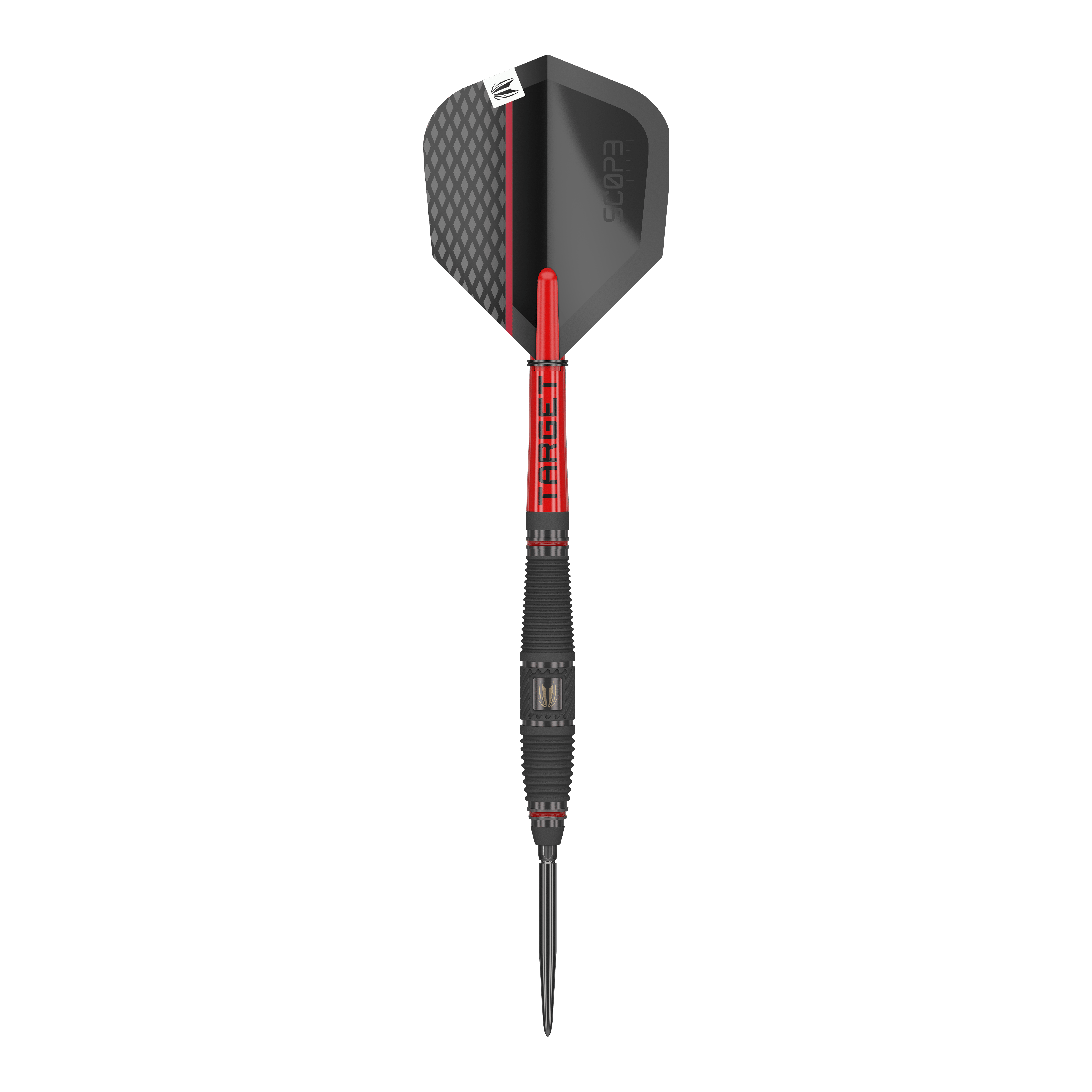 Target Scope 03 Swiss Point steel darts Das Bild zeigt einen Target Scope 03 Swiss Point Steeldart. Der Dart hat ein modernes Design mit schwarzen und roten Elementen sowie einer strukturierten Griffzone.