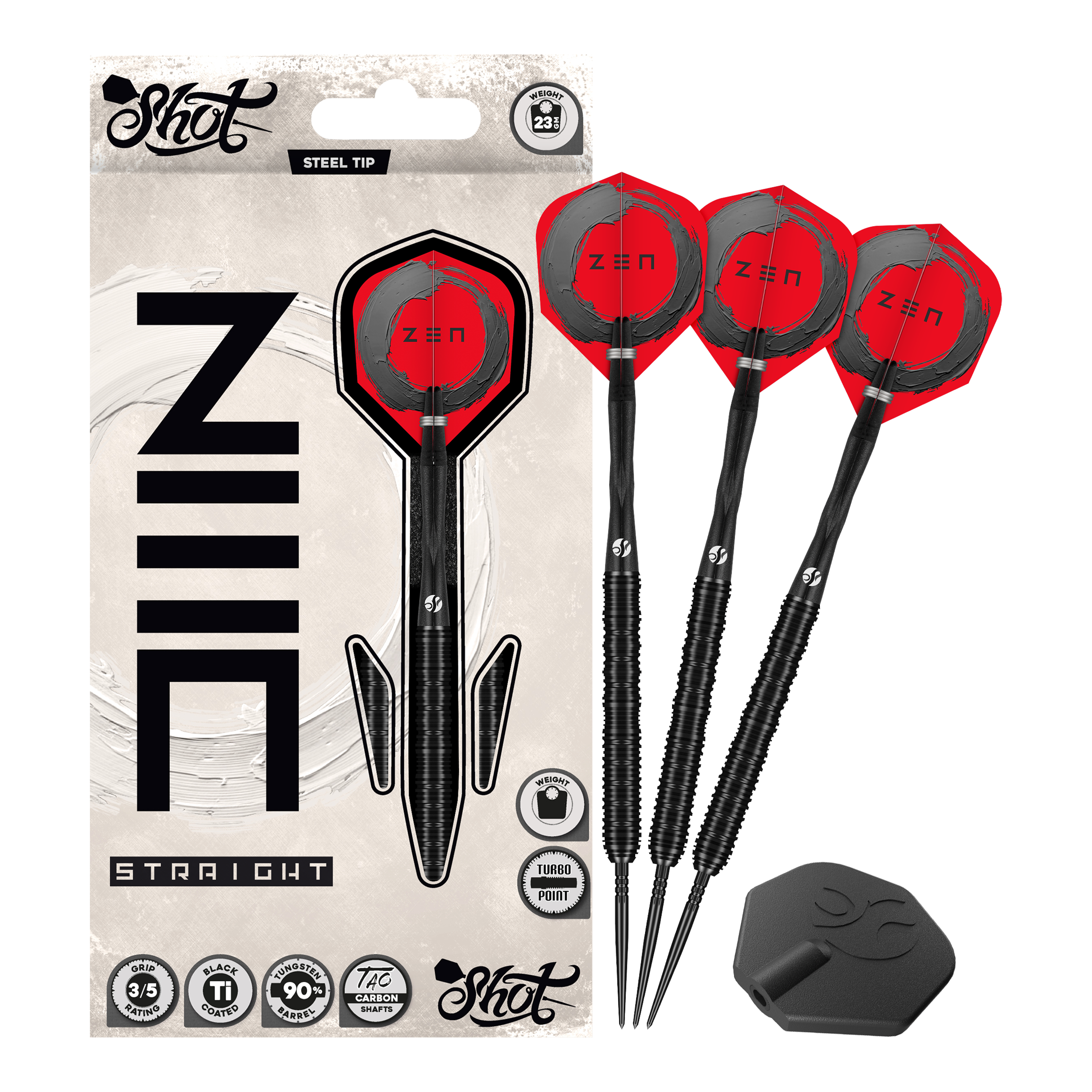 Shot ZEN Straight Turbo Point Steel Darts - 23g Das Bild zeigt Shot ZEN Straight Turbo Point Steeldarts - 23g in voller Länge. Die Steeldarts werden vollständig dargestellt.