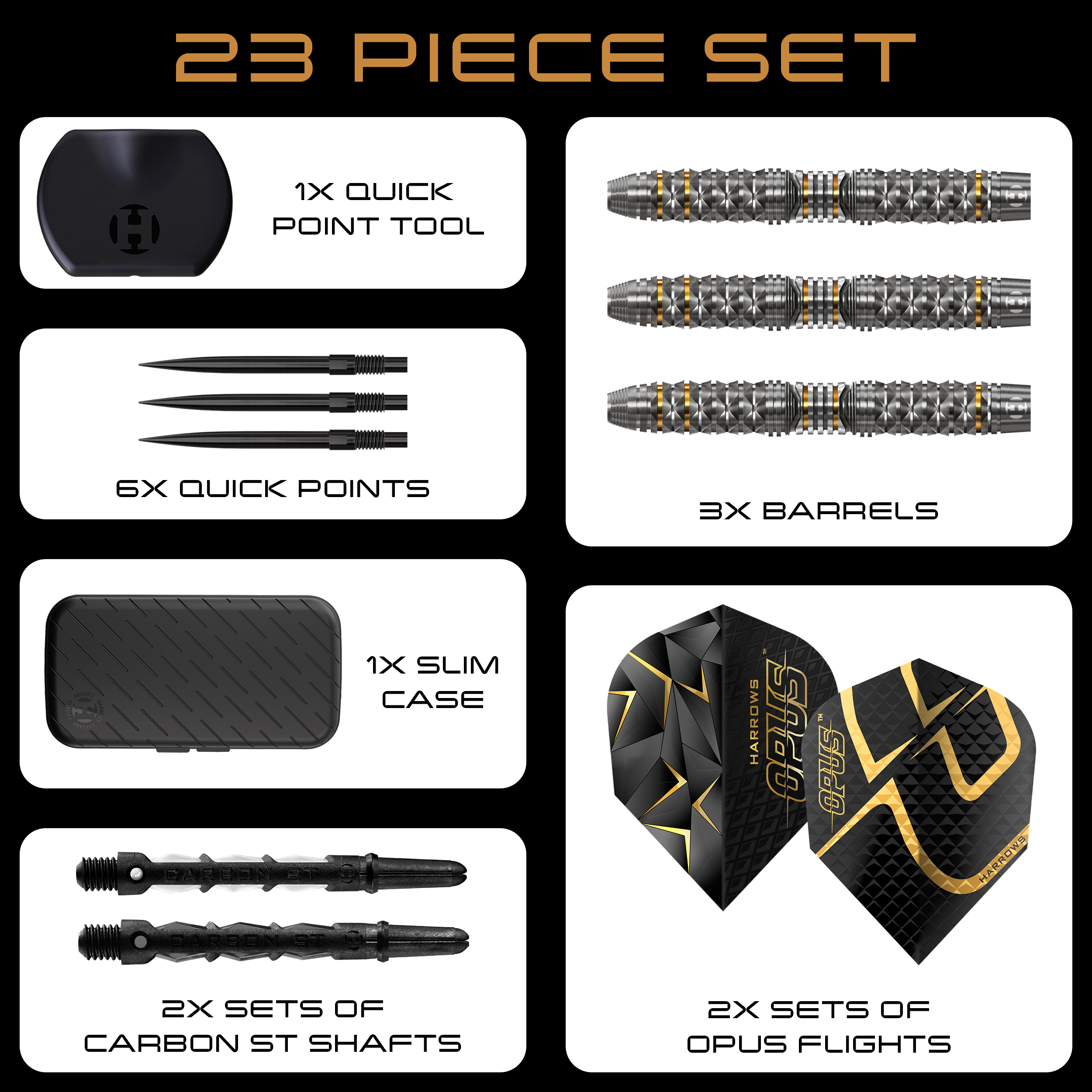 Auf dem Bild sind die Harrows Opus Quick Point Steeldarts mit 23g zu sehen. Diese Darts eignen sich für das Steeldartspiel.