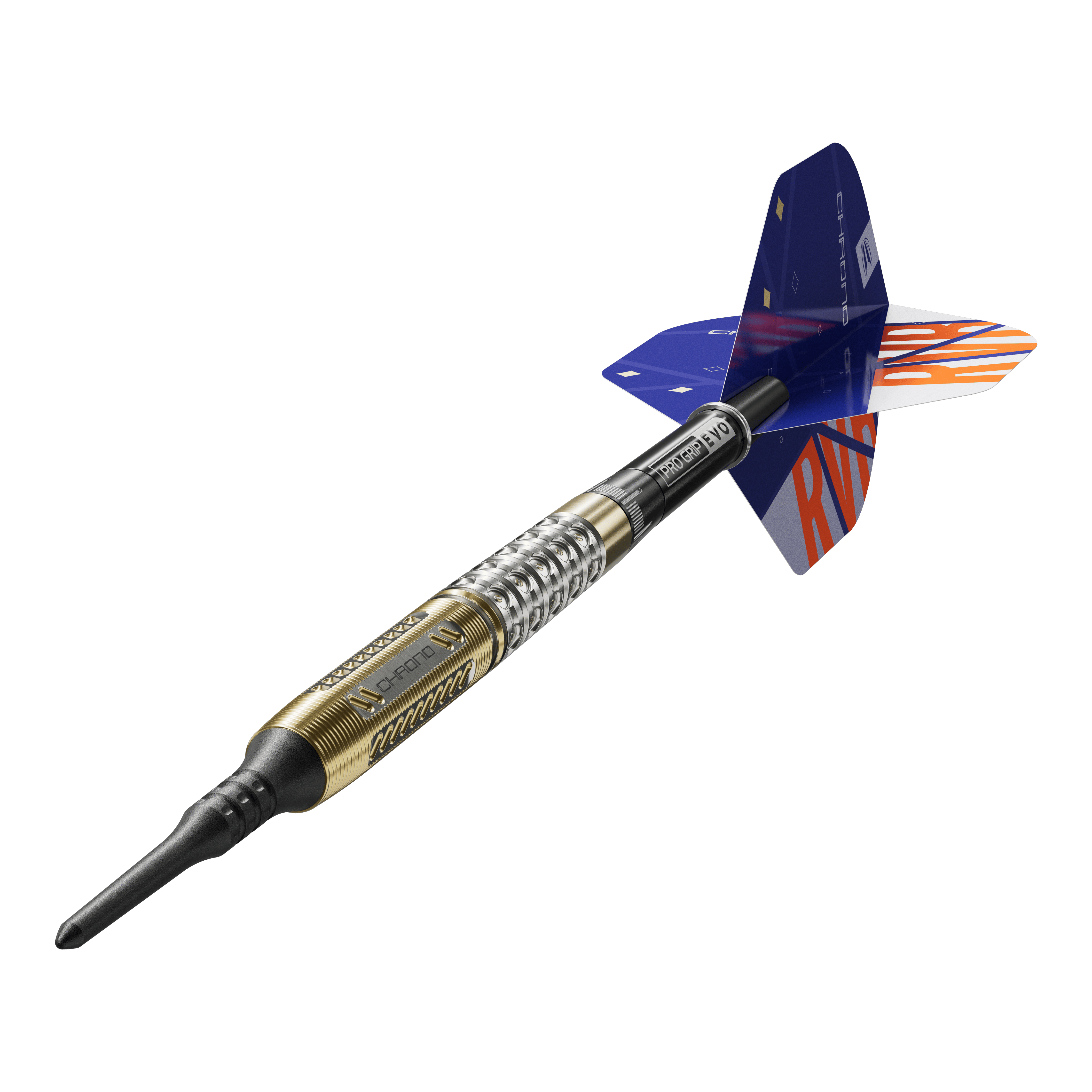 Target Raymond Van Barneveld Chrono 95 soft darts Das Bild zeigt einen Softdart namens "Target Raymond Van Barneveld Chrono 95". Der Dart hat einen gold-silbernen Griff und blaue Flights mit orangefarbenen Buchstaben.