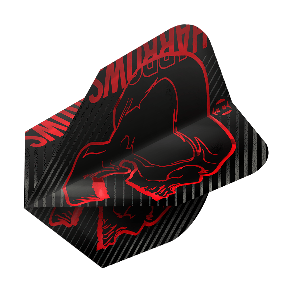 Harrows Rage Red No6 Flights Das Bild zeigt das Produkt "Harrows Rage Red No6 Flights". Die Flights sind schwarz mit roten Grafiken und Streifen verziert.