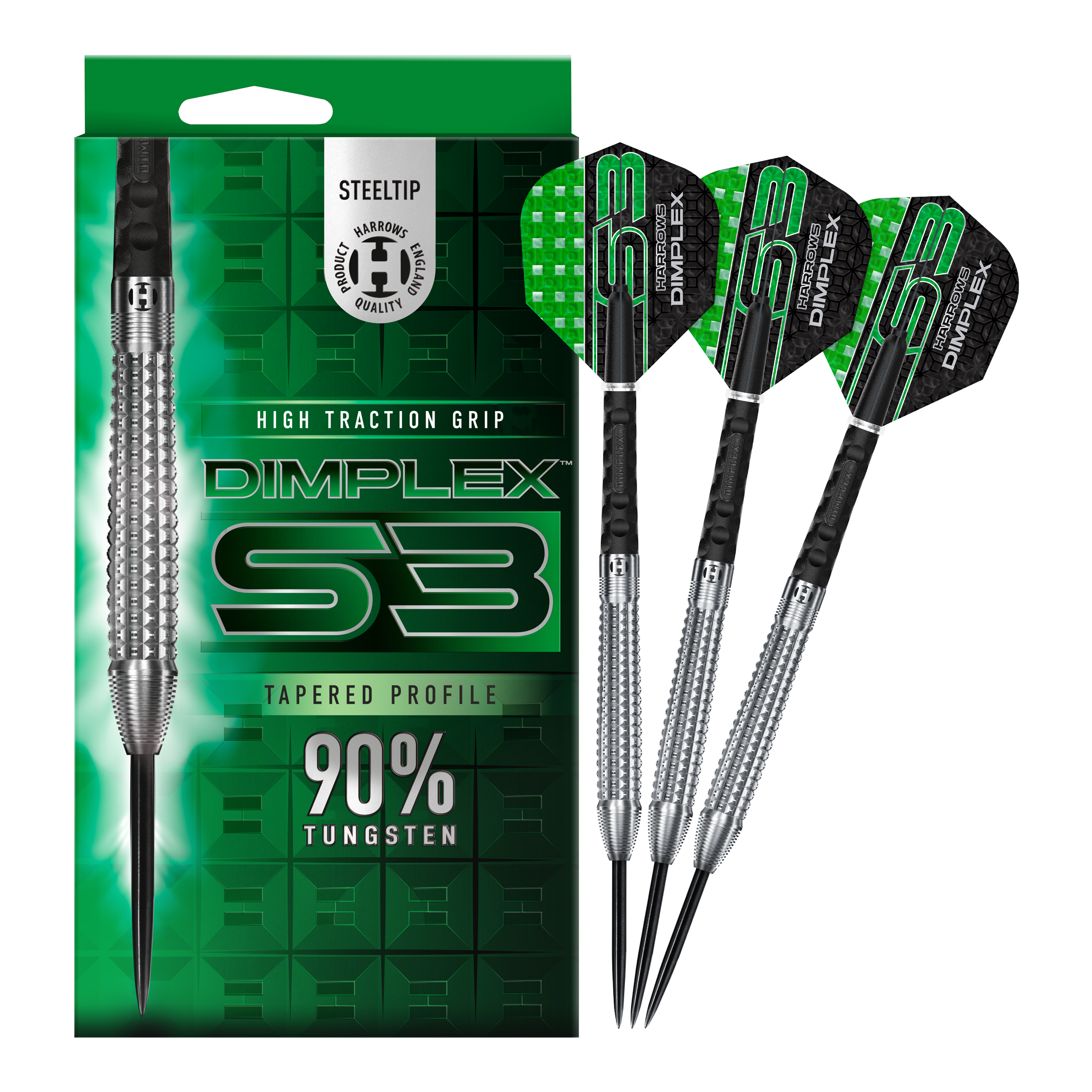 Harrows Dimplex S3 Tapered Steel Darts Das Bild zeigt die Harrows Dimplex S3 Tapered Steeldarts mit einer auffälligen grünen Verpackung. Drei Steeldarts aus 90% Wolfram sind neben der Verpackung abgebildet.