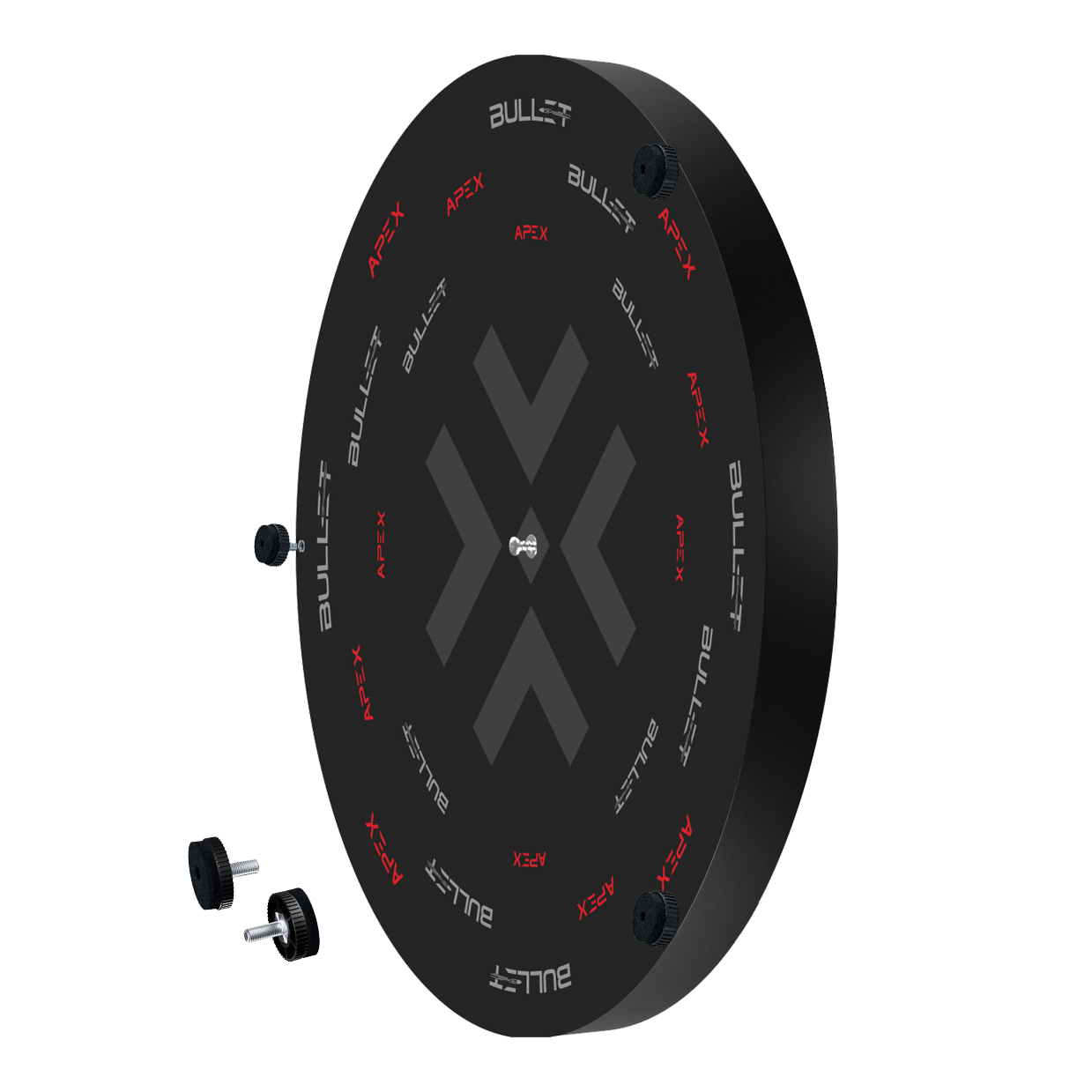 Dies ist das Bullet Apex Steeldartboard. Das Bild zeigt das Produkt in Nahaufnahme.