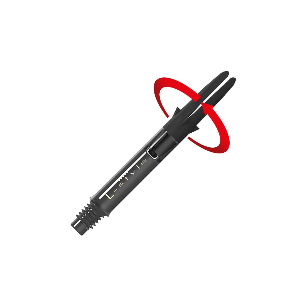 Auf dem Bild ist ein schwarzer Dartshaft aus Carbon der Marke L-Style zu sehen. Am oberen Ende ist eine rote Pfeilmarkierung, die eine Drehbewegung anzeigt.