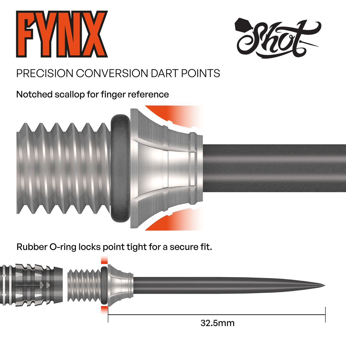 Shot Fynx Conversion Points - 32mm Dieses Bild stellt die Shot Fynx Conversion Points mit 32 mm Länge dar. Die Dartspitzen sind für eine einfache Umrüstung geeignet.