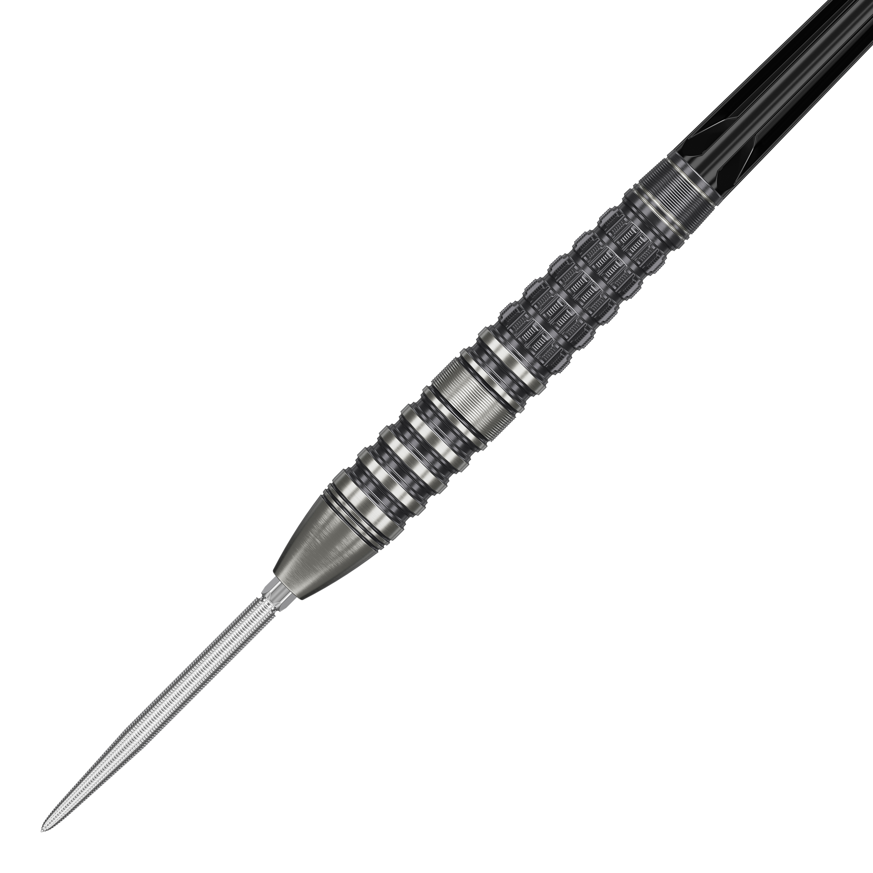 Target Japan Black Marque Lumiere GEN3 steel darts Das Bild zeigt den Target Japan Black Marque Lumiere GEN3 Steeldart. Der Dart hat ein silbernes, fein strukturiertes Barrel mit schwarzen Akzenten und einer scharfen Spitze.
