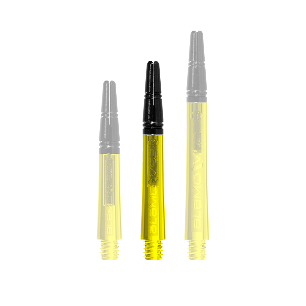 Harrow's Alamo VS2 Shafts - Yellow Auf dem Bild sind drei gelbe Dartschäfte mit schwarzem Kopf zu sehen. Sie stehen nebeneinander und haben unterschiedliche Längen.