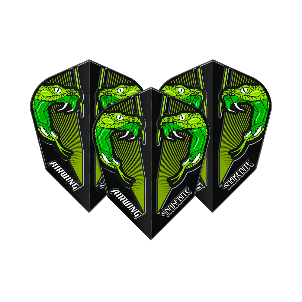 Red Dragon Airwing Peter Wright Green V-Standard Flights Das Bild zeigt drei Dartflights mit einem auffälligen grünen Schlangenkopf-Design. Auf den Flights steht "AIRWING" und "SNAKEBITE".