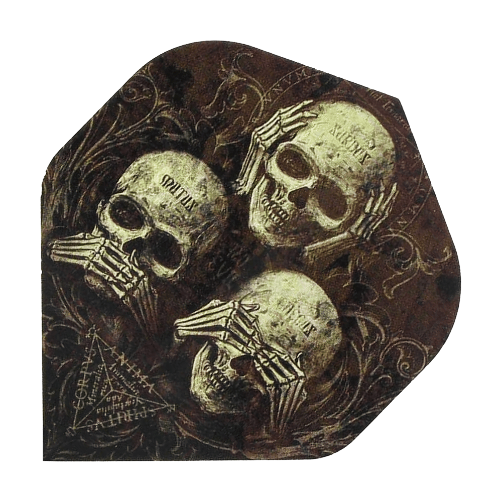 ALC5_Alchemy_No_Evil_Standard_Flights_1 Das Bild zeigt drei Totenköpfe, die nach dem Prinzip „nichts sehen, nichts hören, nichts sagen“ jeweils die Augen, Ohren oder den Mund bedecken. Die Gestaltung wirkt dunkel und mystisch, passend zum Produkt „Alchemy No Evil No2 Standard Flights“.